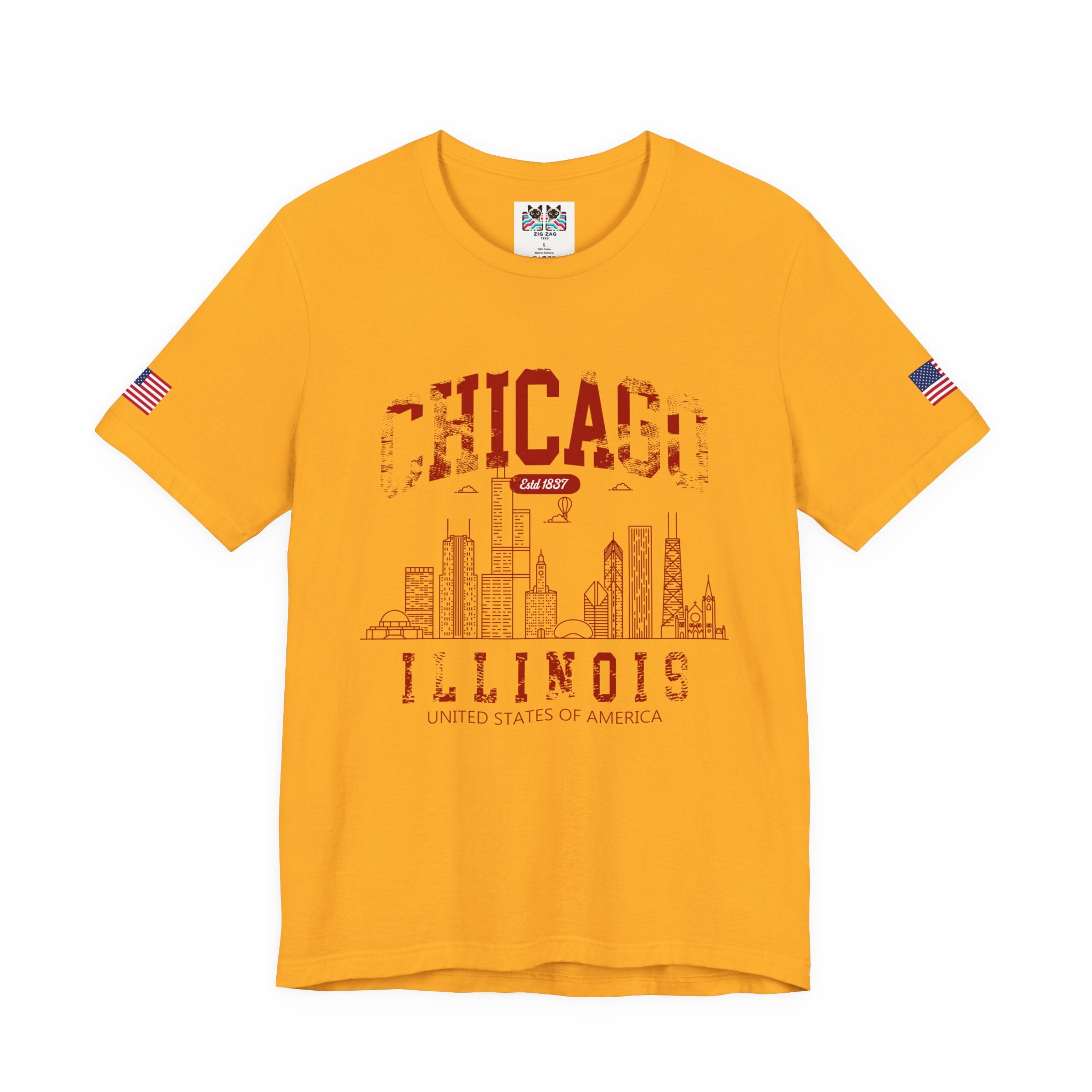 Chicago Illinois Est 1837 T-Shirt - Distressed Vintage Yellow Red Skyline USA