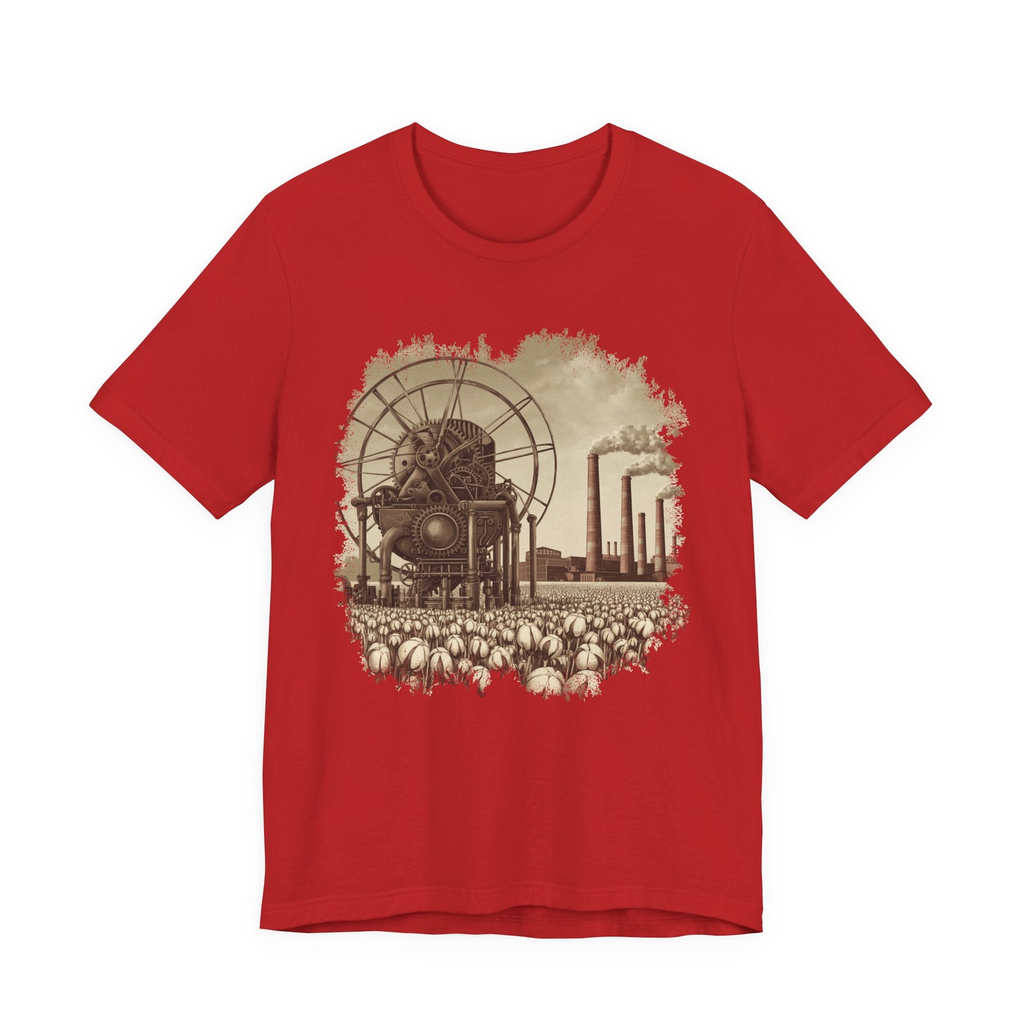 Cotton Gin Club Tshirt – Harvest-Ready Cotton Field with Historic Spinning Machine and Factory