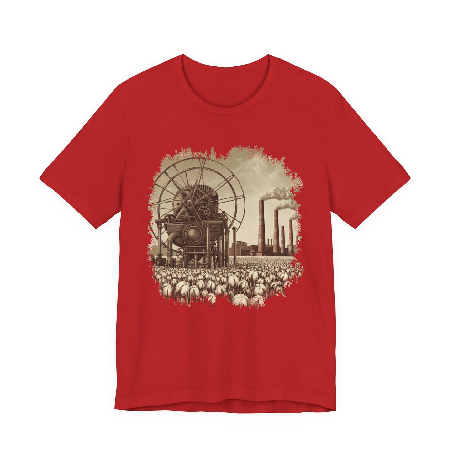 Cotton Gin Club Tshirt – Harvest-Ready Cotton Field with Historic Spinning Machine and Factory