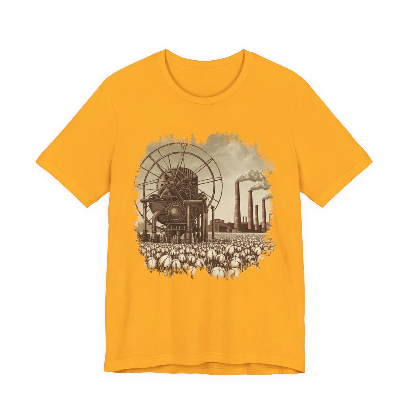 Cotton Gin Club Tshirt – Harvest-Ready Cotton Field with Historic Spinning Machine and Factory