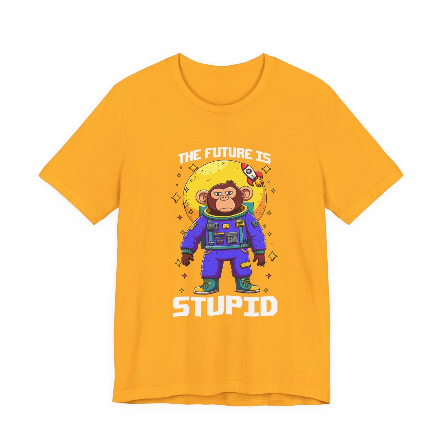 The Future Is Stupid Tshirt – Monkey in Colorful Spacesuit with Stars & Rocket Graphic