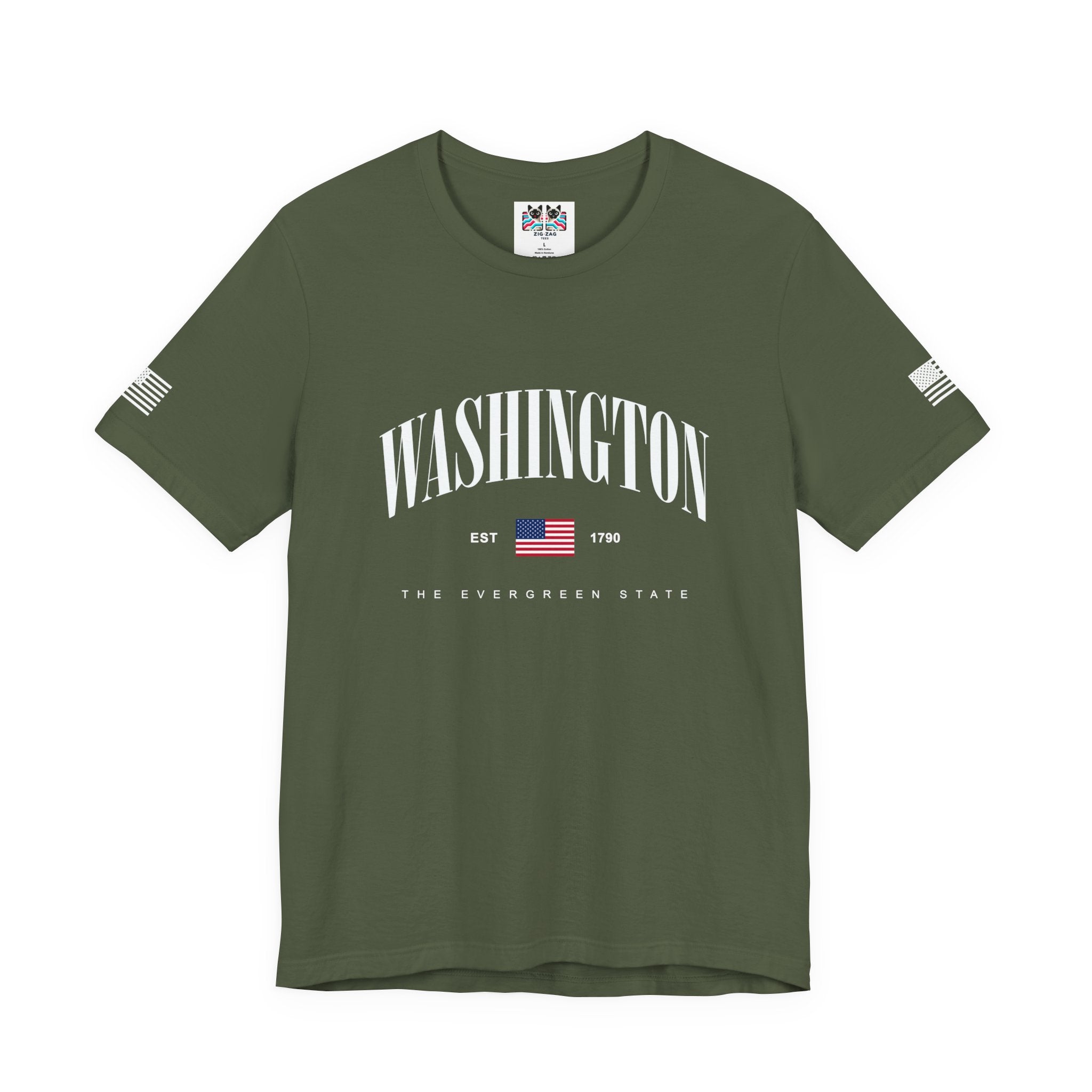 Washington The Evergreen State Collegiate Arch T-Shirt | EST 1790 American Flag Graphic Tee | Washington Pride Shirt