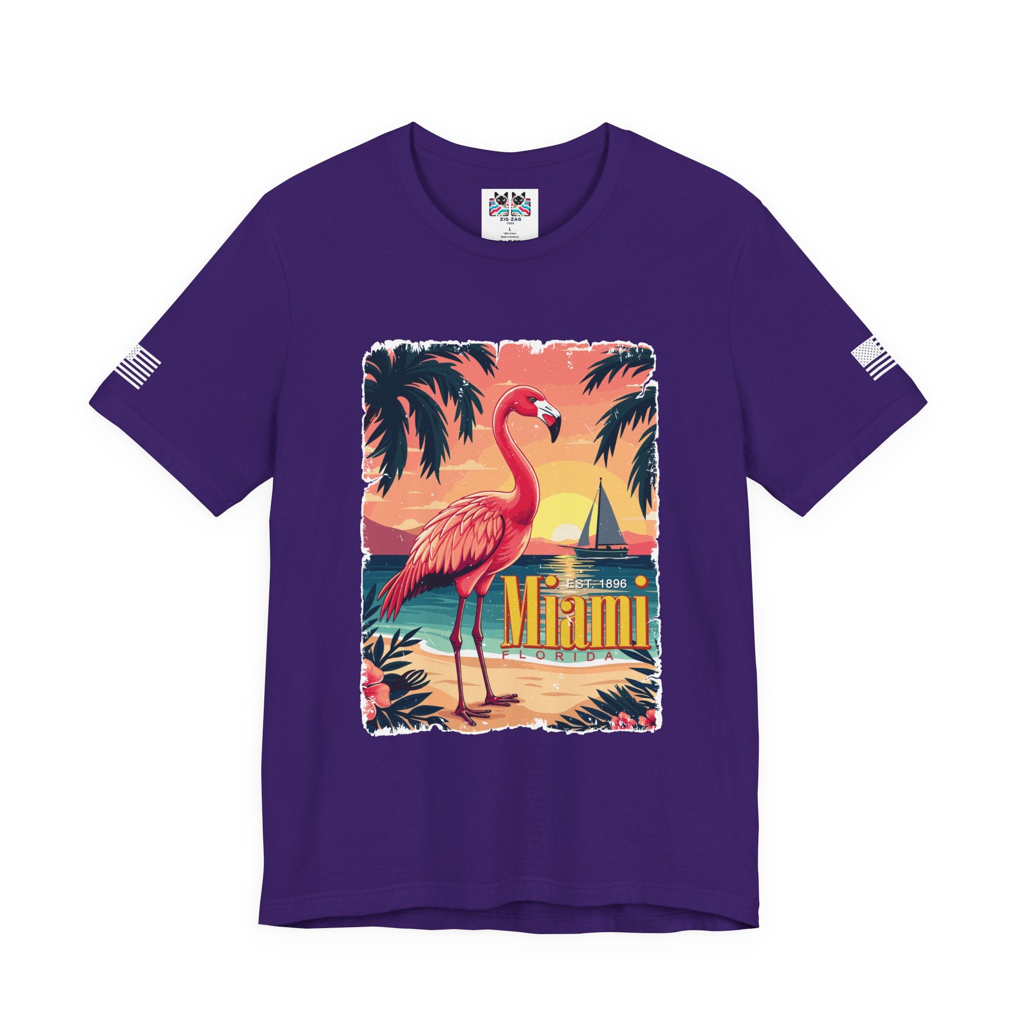 Miami Florida EST 1896 T-Shirt – Flamingo Vintage Travel Poster Beach Sunset Tee