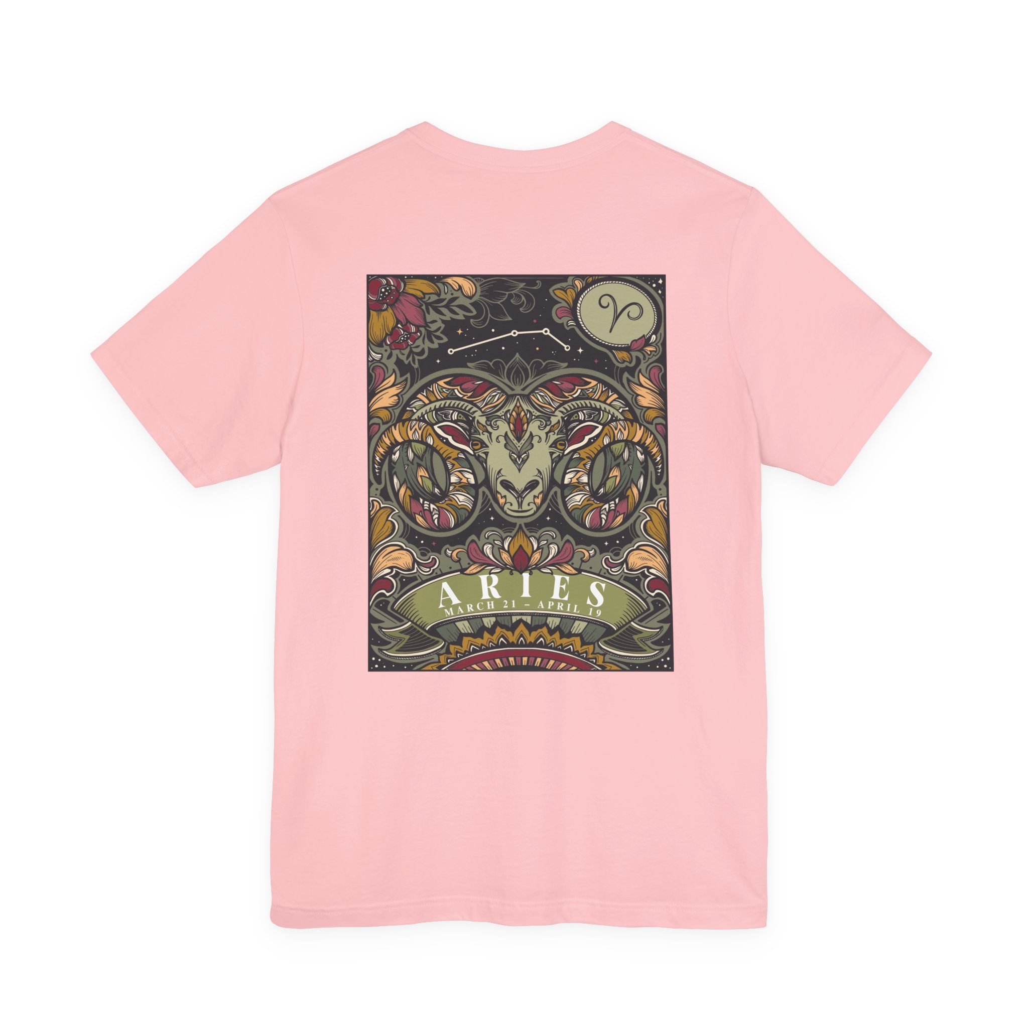 Aries Zodiac T-Shirt – Ram Head with Constellation and Floral Background