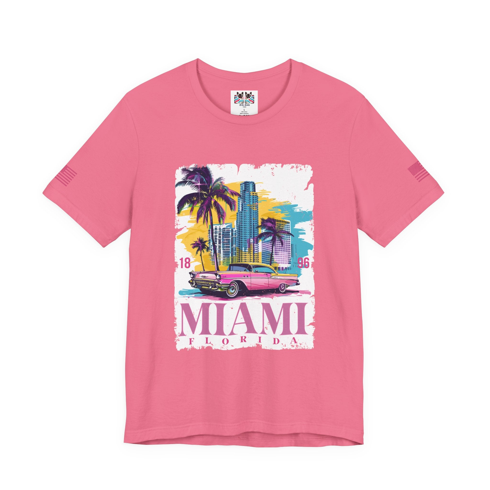Miami Florida 1896 T-Shirt – Pink Classic Car Palm Tree Skyline Colorful Graphic Tee