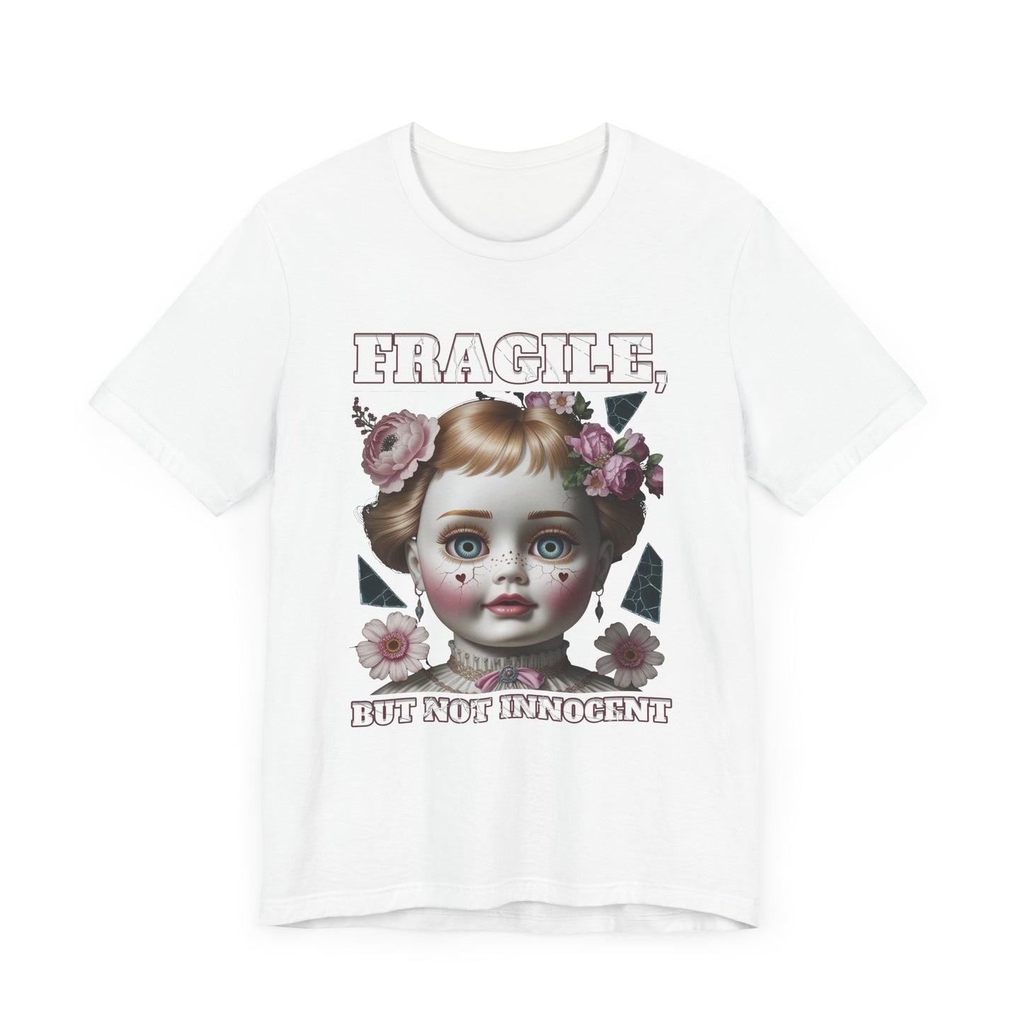 Fragile, But Not Innocent | Doll Face with Flowers & Cracks Graphic T-Shirt