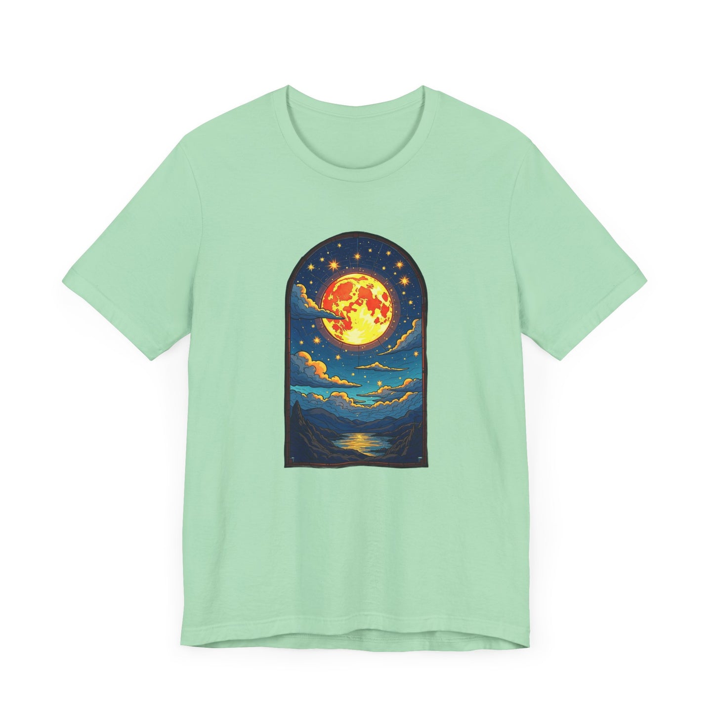 Castle Window View of Glowing Full Moon with Reflection and Stars Graphic T-Shirt