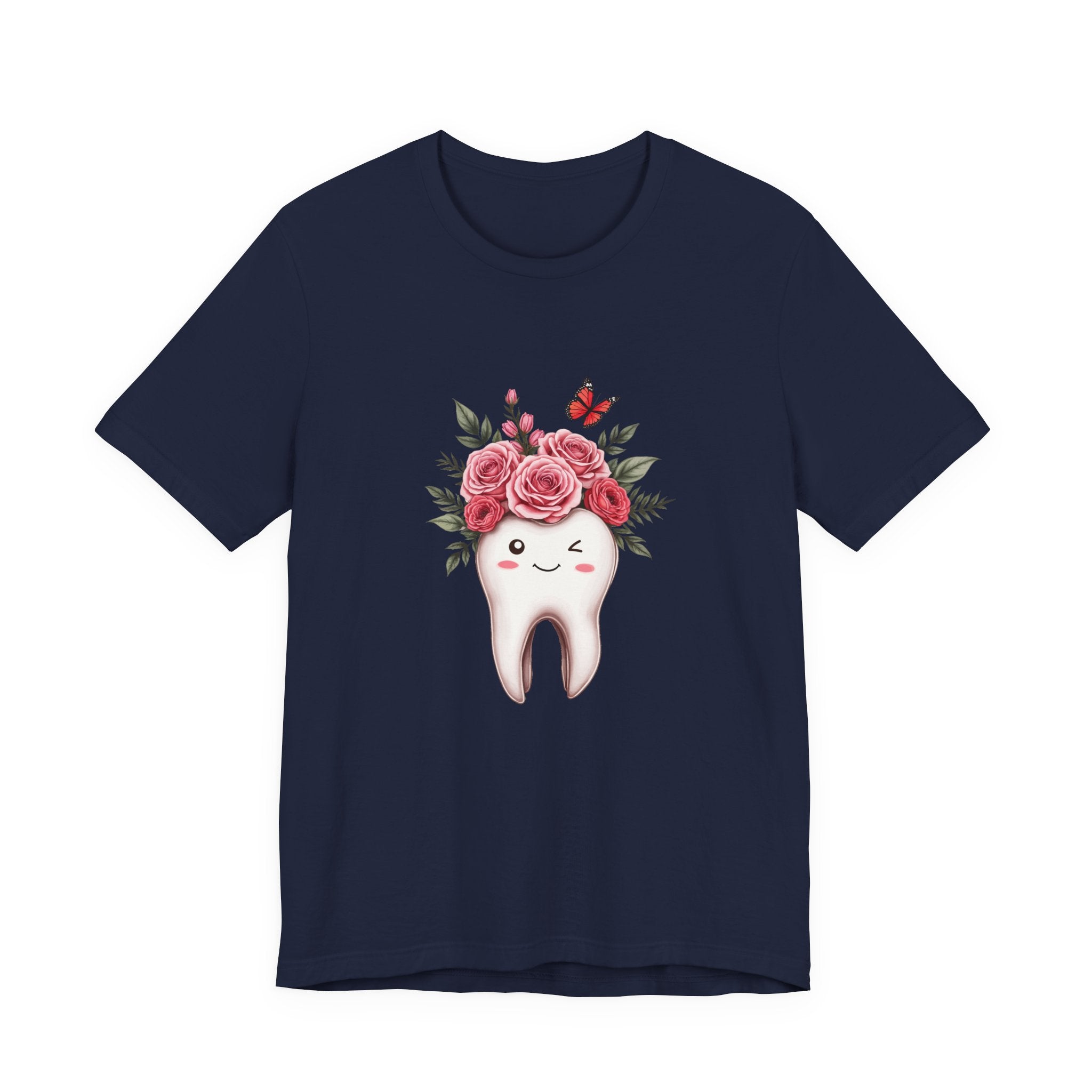 Smile T Shirt with Large Winking Tooth Surrounded by Flowers Leaves and Butterflies