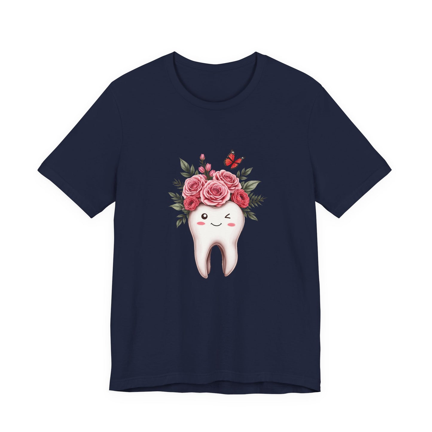 Smile T Shirt with Large Winking Tooth Surrounded by Flowers Leaves and Butterflies