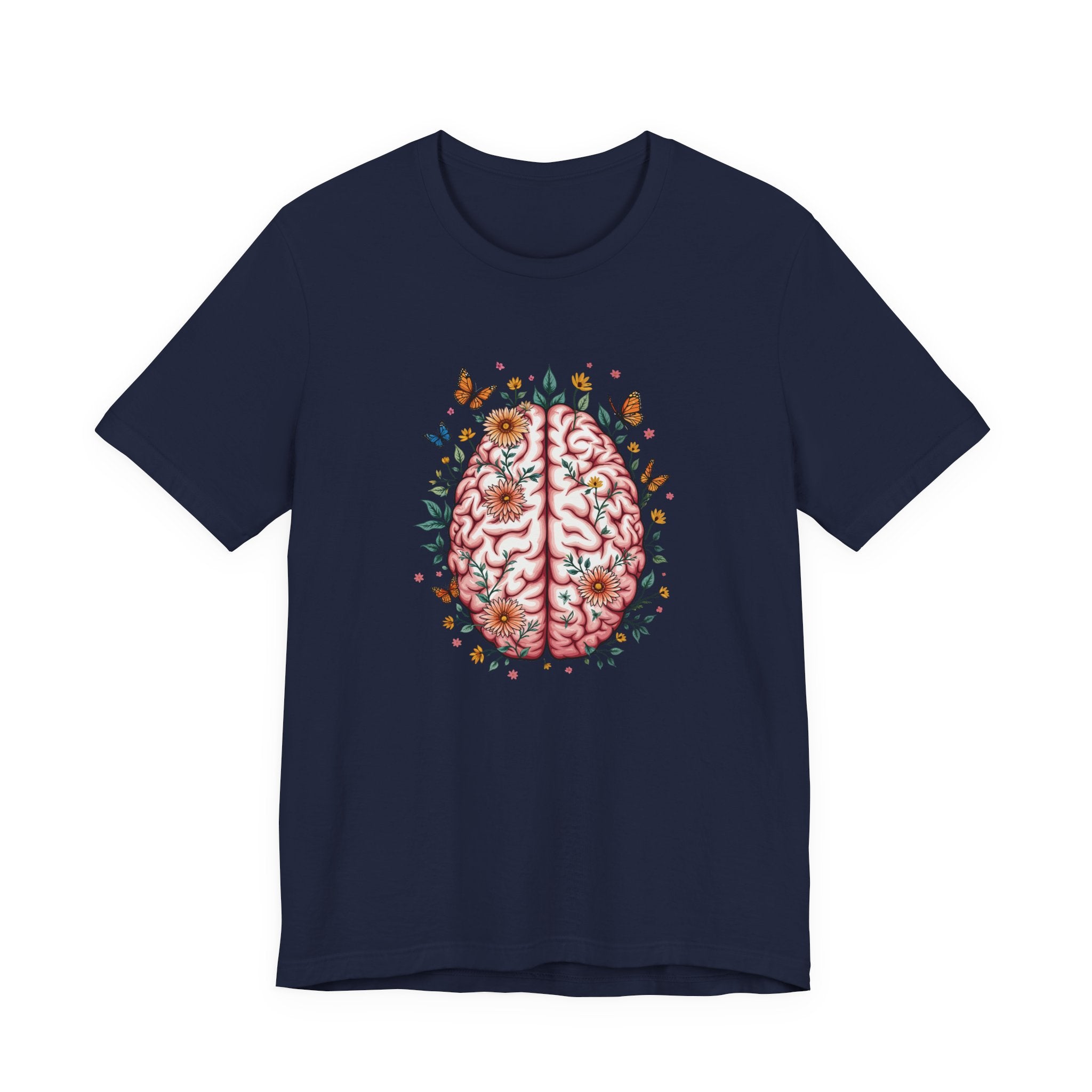 Human Brain with Flowers and Butterflies Tshirt – Artistic Floral Brain Graphic