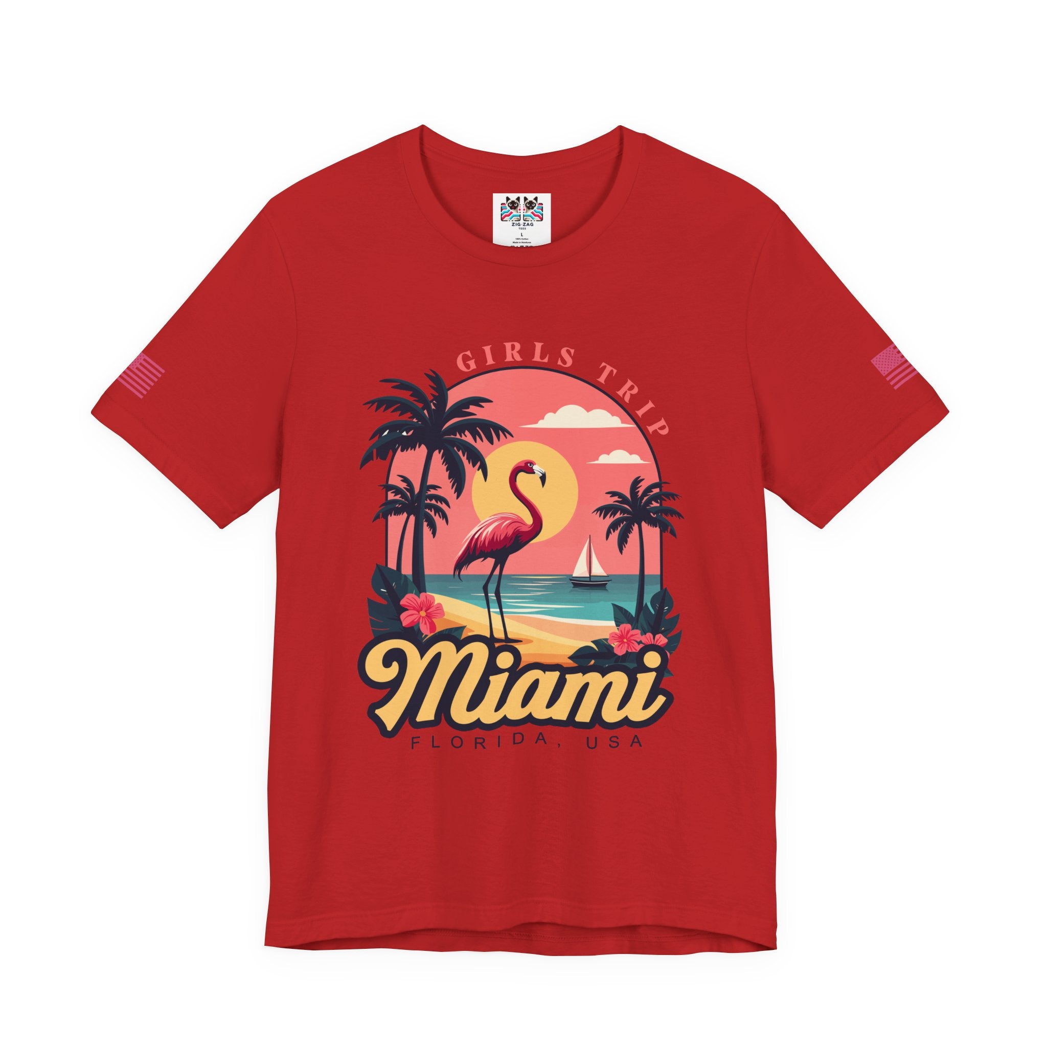 Miami Girls Trip Florida USA T-Shirt – Flamingo Sunset Palm Tree Beach Graphic Tee