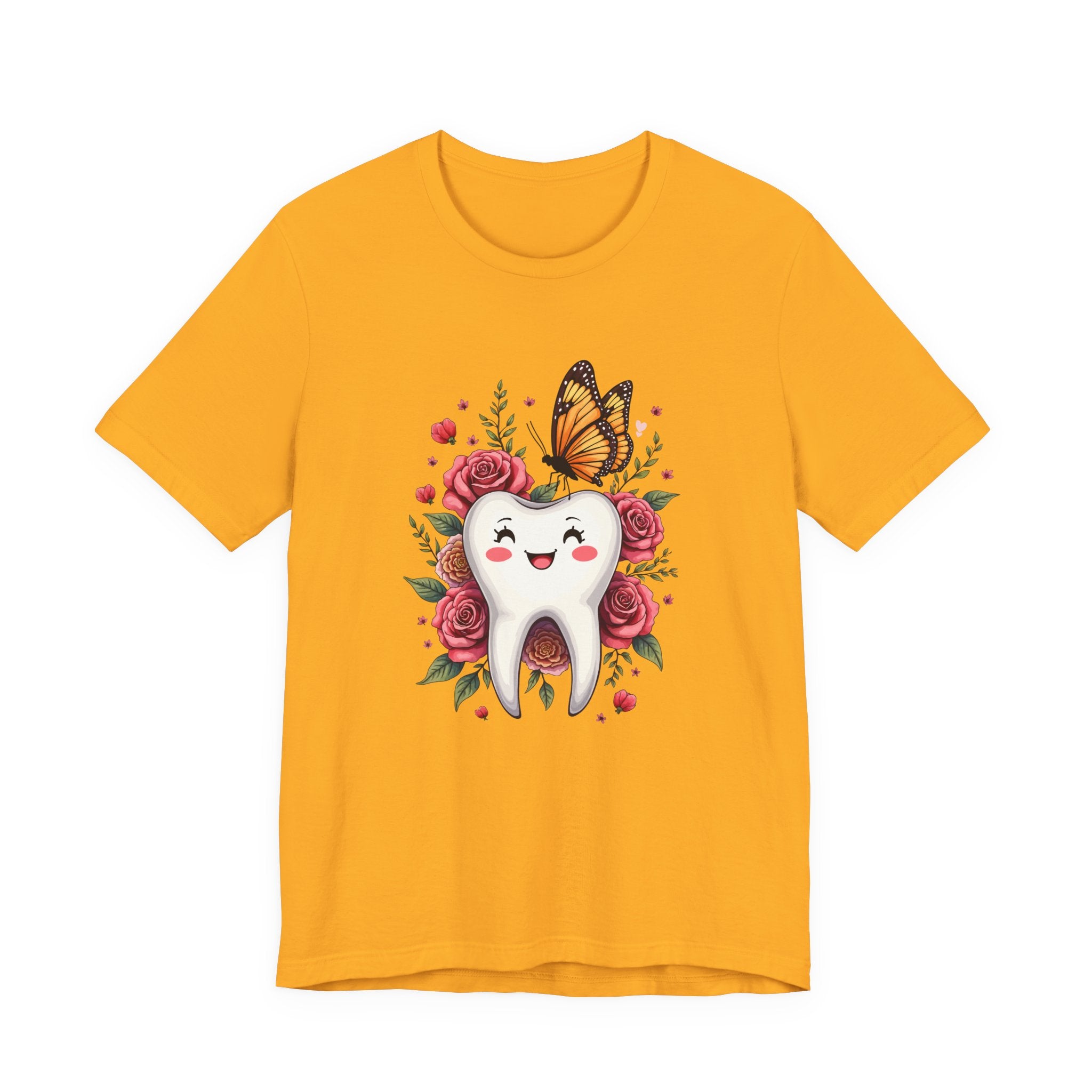 Smile T Shirt Featuring Large Smiling Tooth Surrounded by Flowers Leaves and Butterflies