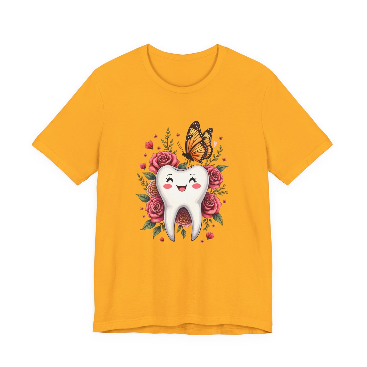 Smile T Shirt Featuring Large Smiling Tooth Surrounded by Flowers Leaves and Butterflies