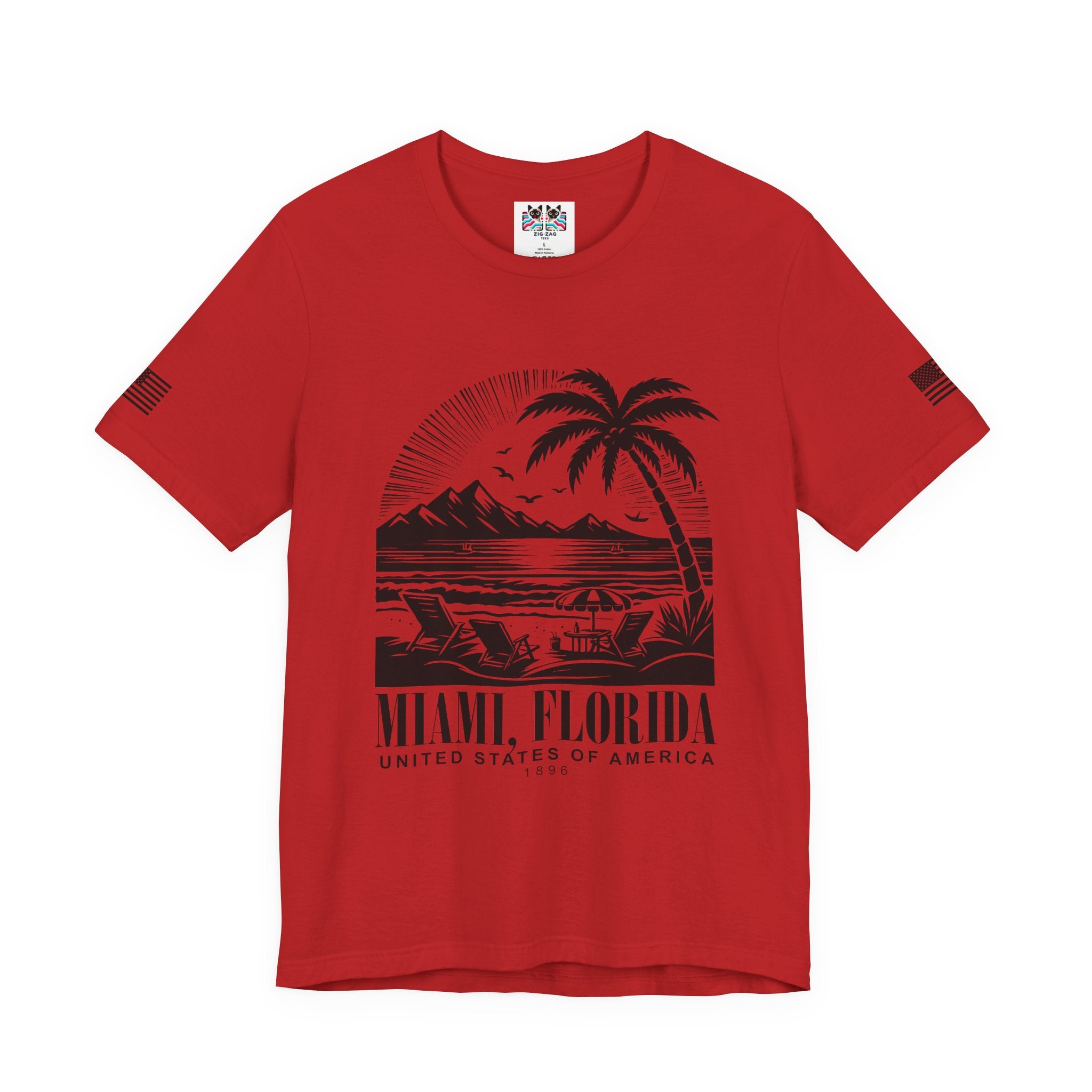 Miami Florida USA 1896 T-Shirt – Black Line Art Beach Chair Palm Tree Graphic Tee