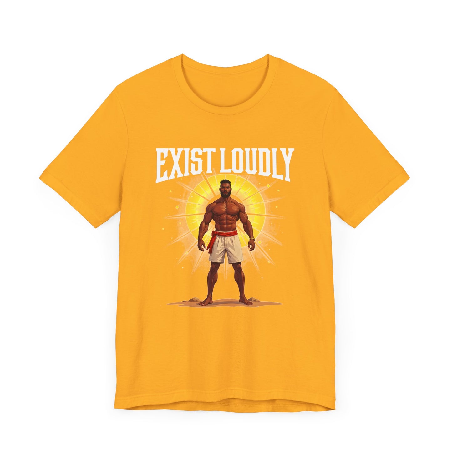 Exist Loudly – Strong Muscular Man with Red Belt & Glowing Light Graphic T-Shirt