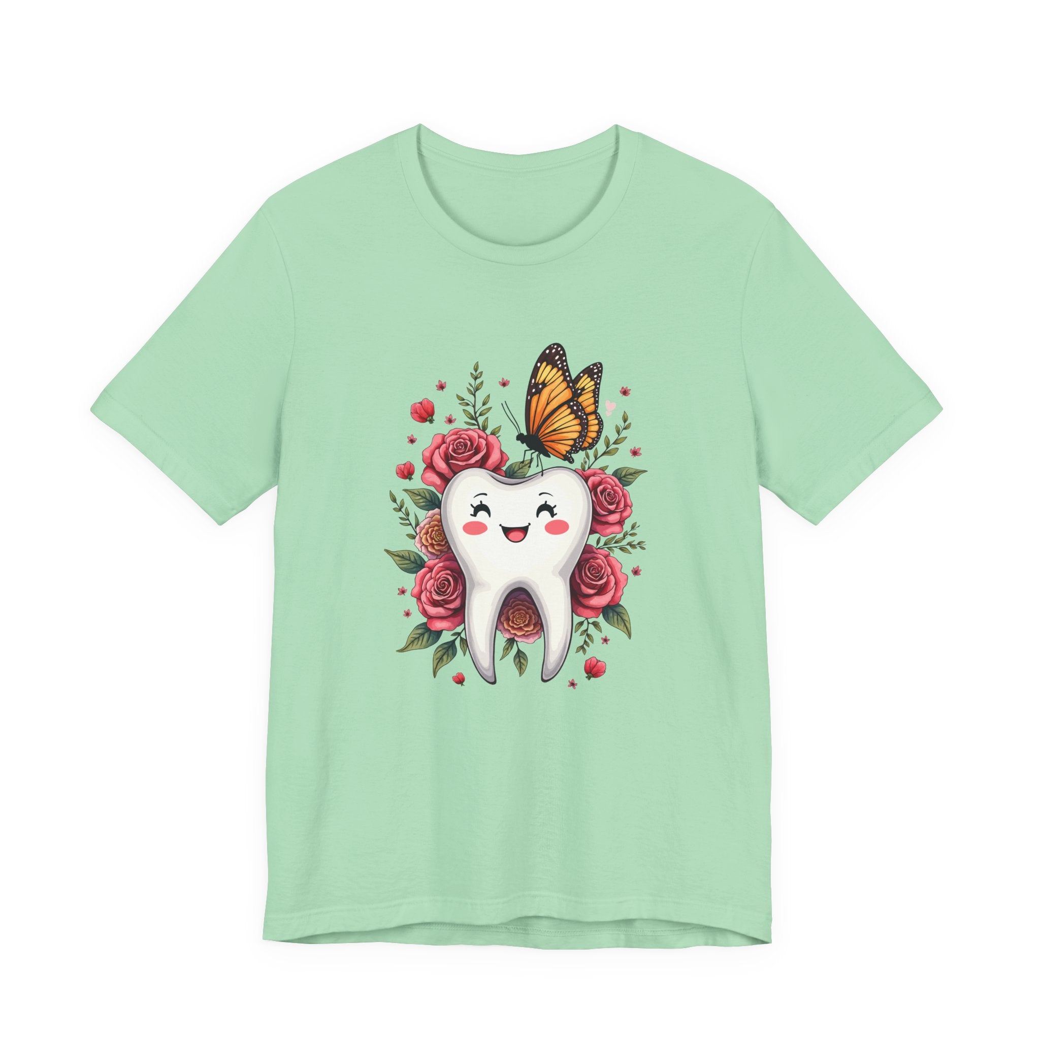 Smile T Shirt Featuring Large Smiling Tooth Surrounded by Flowers Leaves and Butterflies