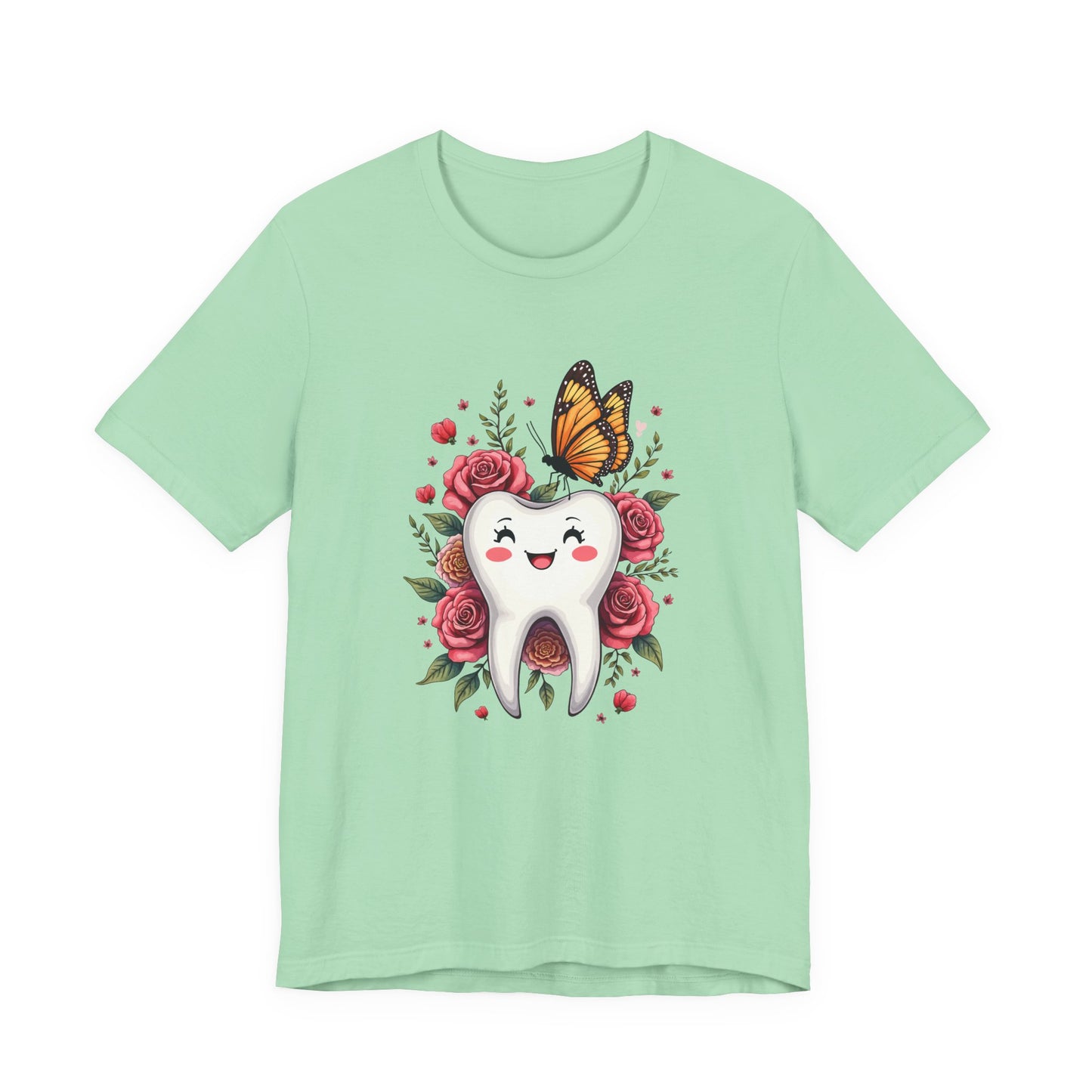 Smile T Shirt Featuring Large Smiling Tooth Surrounded by Flowers Leaves and Butterflies
