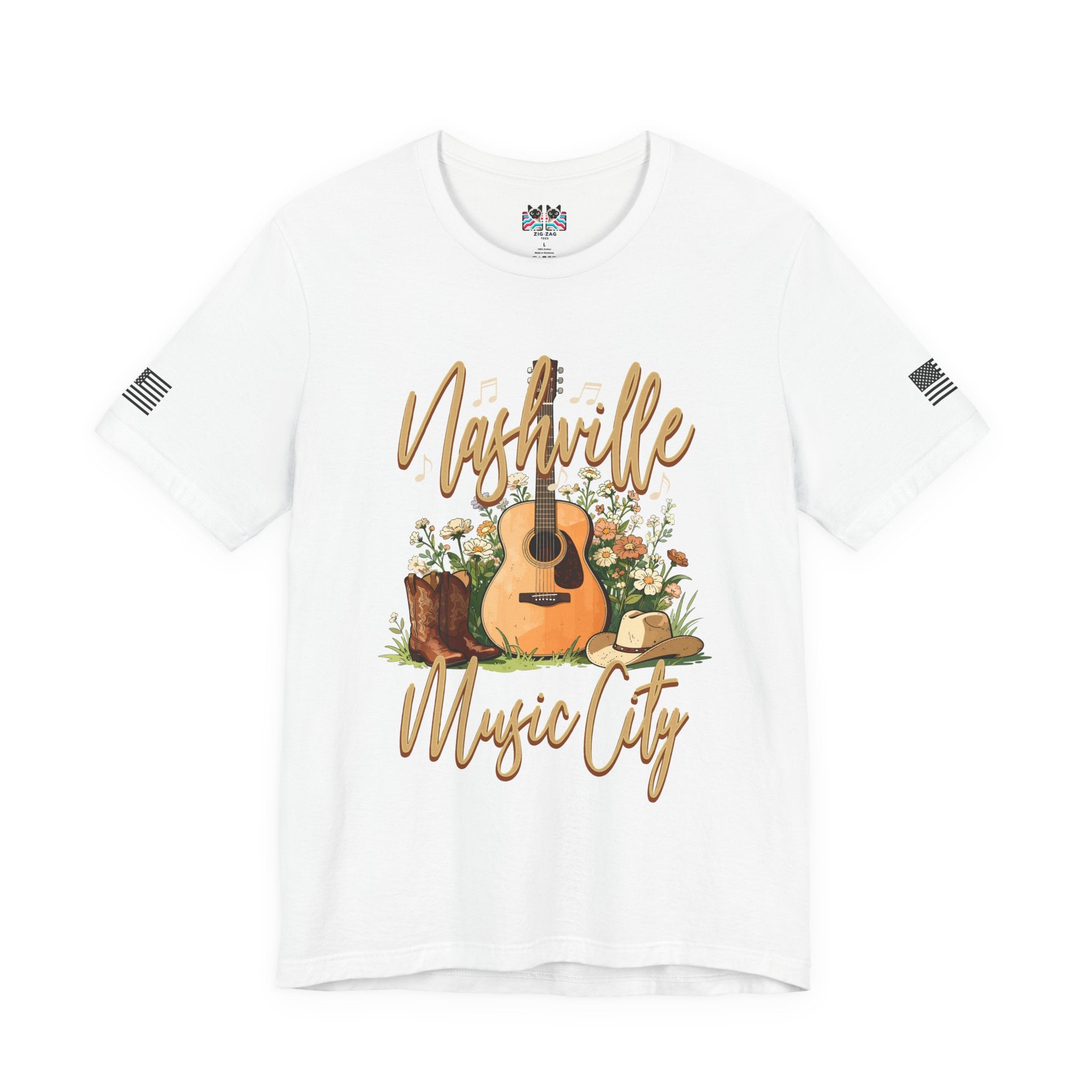 Nashville Music City T-Shirt – Acoustic Guitar Cowboy Hat Boots Floral Script Graphic Tee