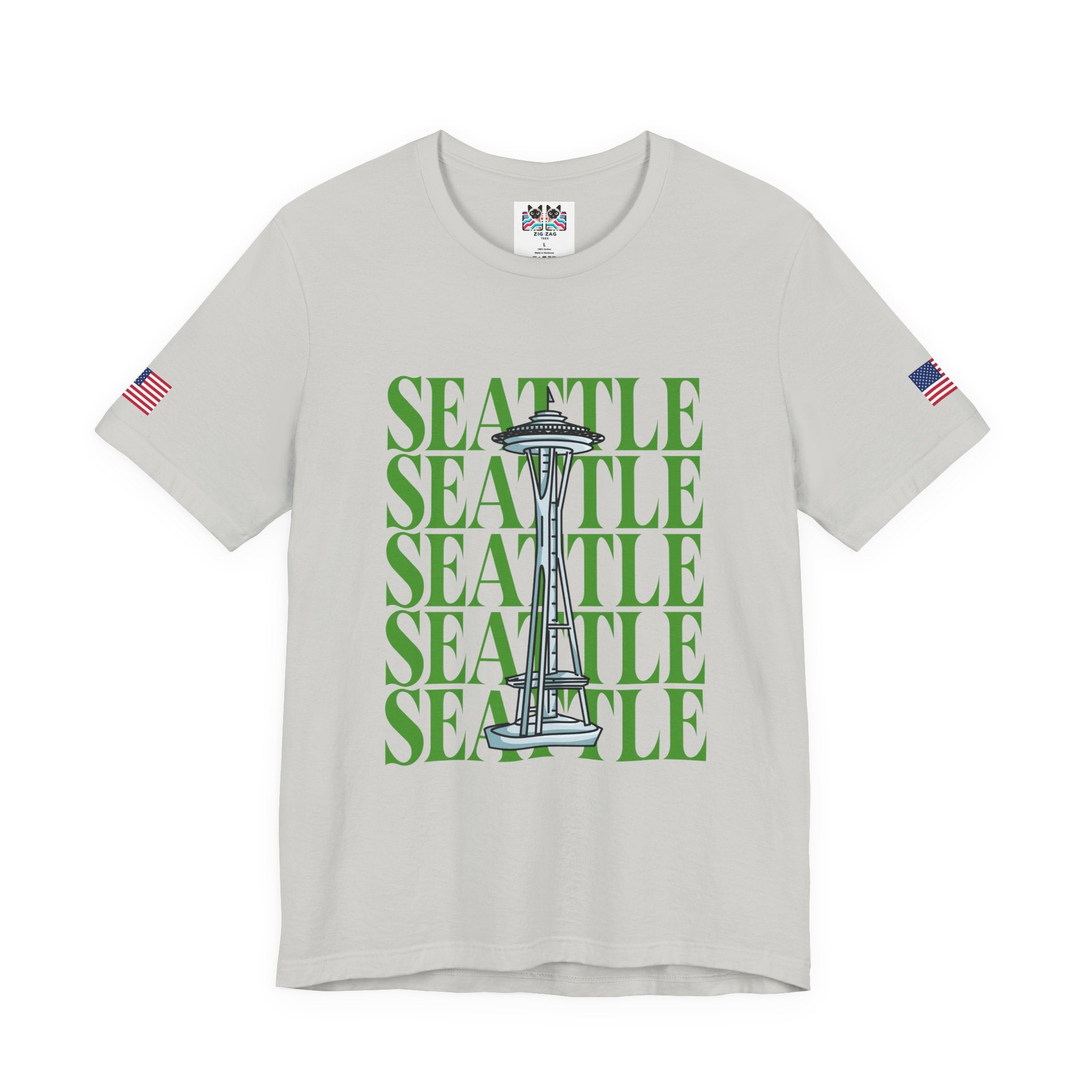 Seattle Repeated Text Space Needle Graphic T-Shirt | Seattle Washington Souvenir Tee | Space Needle Pride Shirt