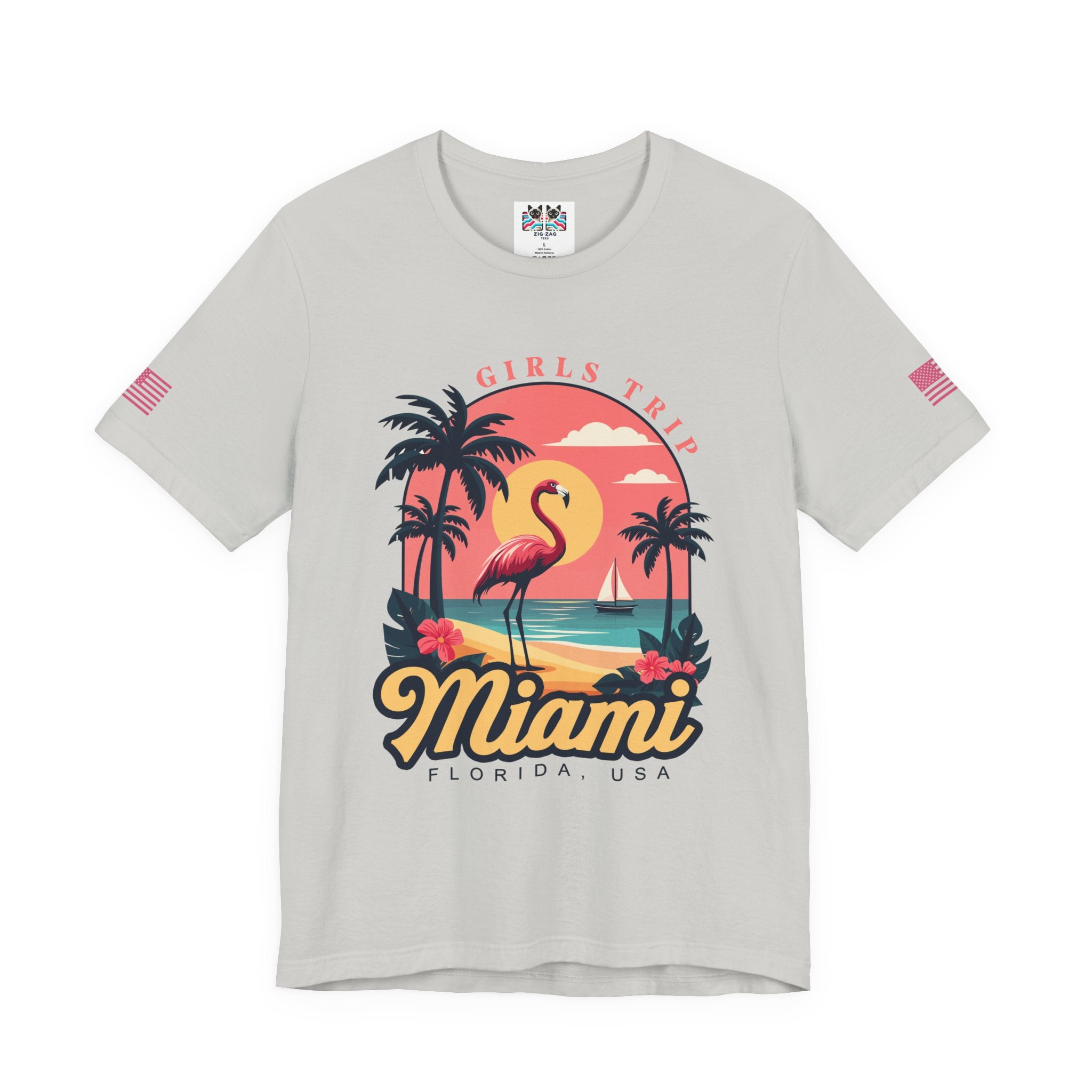 Miami Girls Trip Florida USA T-Shirt – Flamingo Sunset Palm Tree Beach Graphic Tee