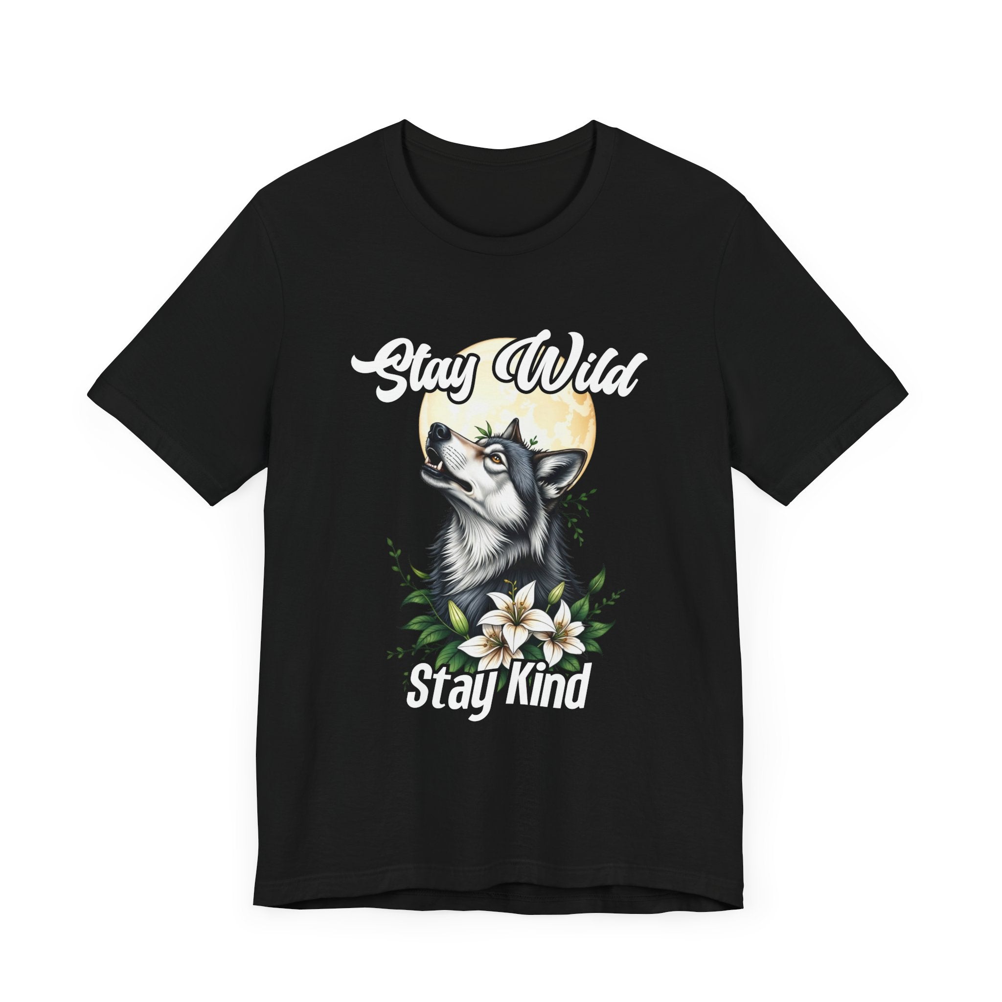Stay Wild Stay Kind Wolf T-Shirt – Moon and Flower Nature Graphic