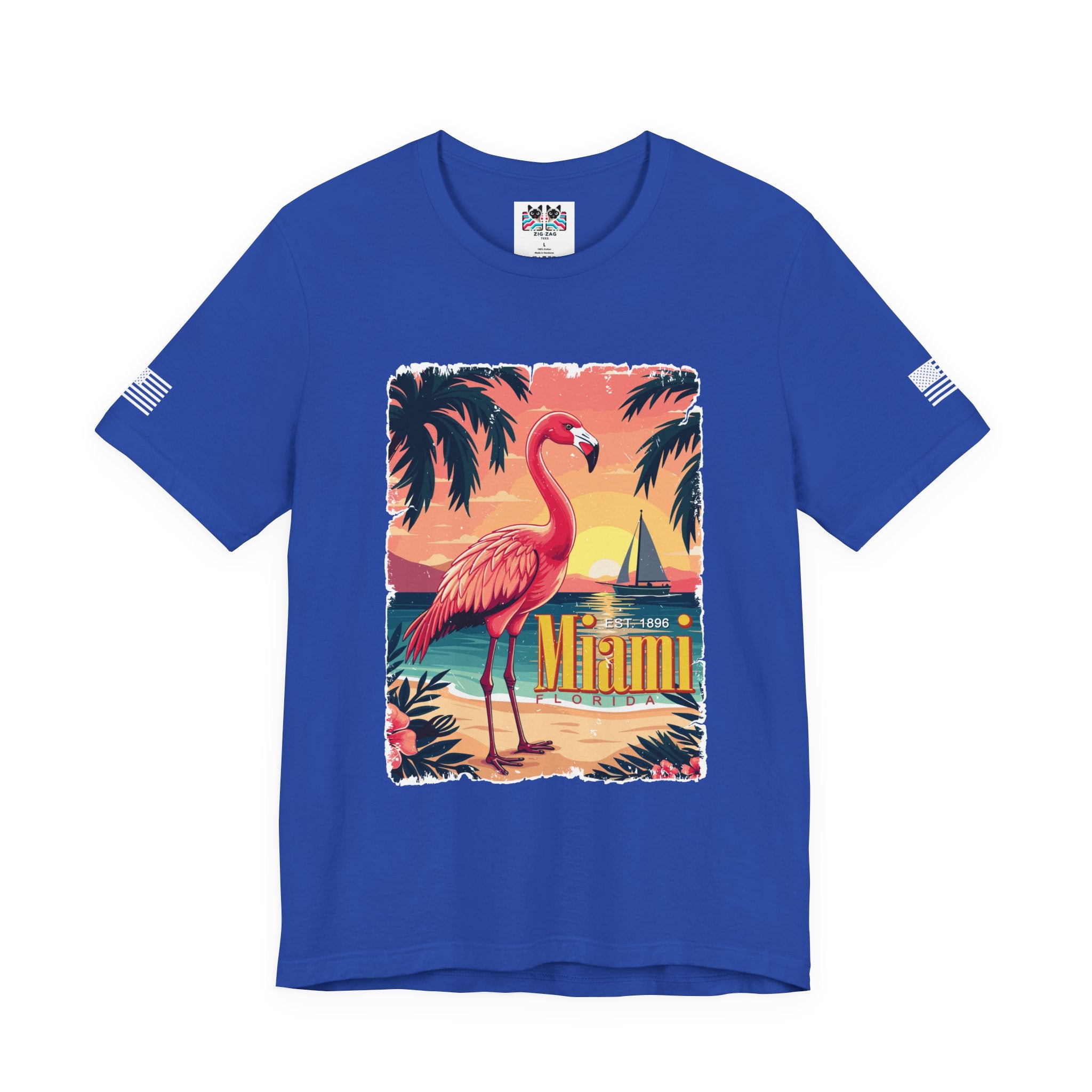 Miami Florida EST 1896 T-Shirt – Flamingo Vintage Travel Poster Beach Sunset Tee