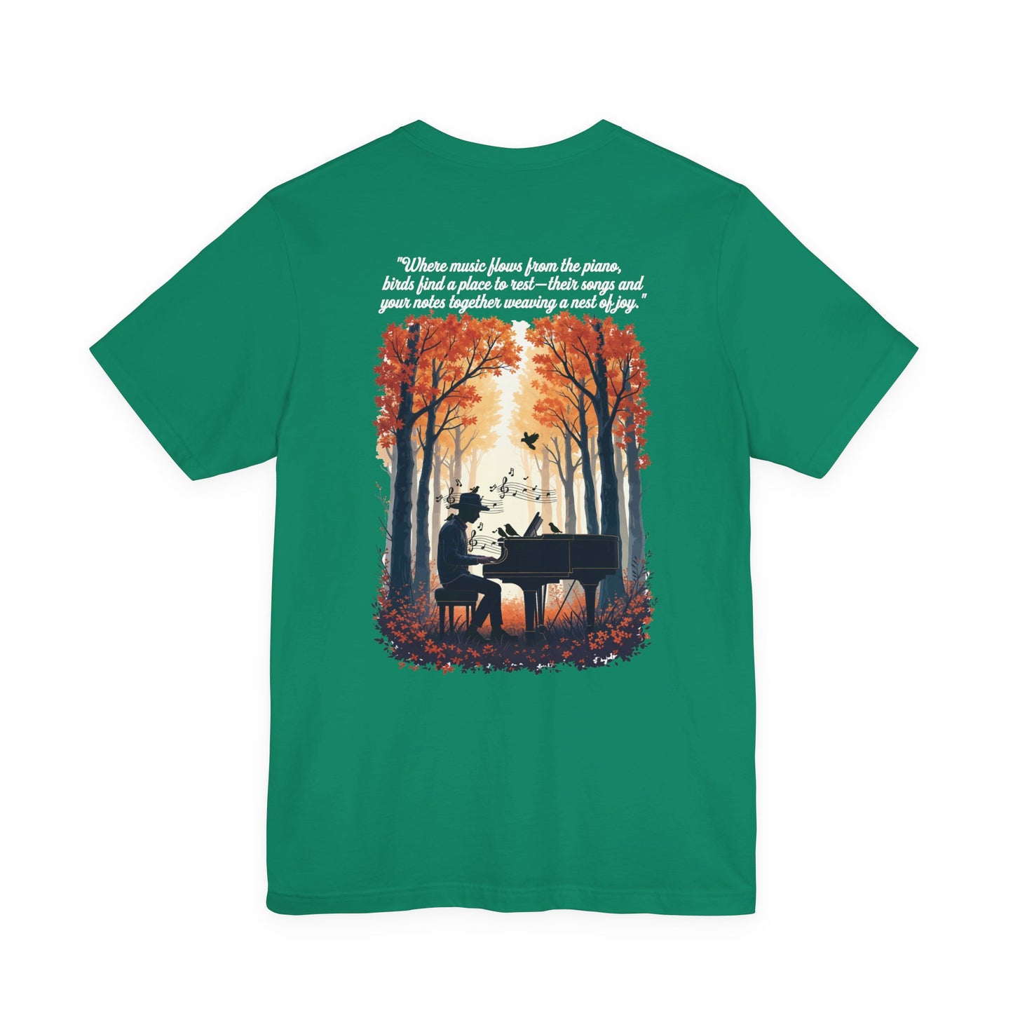 Music & Nature Harmony T-Shirt – Grand Piano in Autumn Forest Scene [White Text]