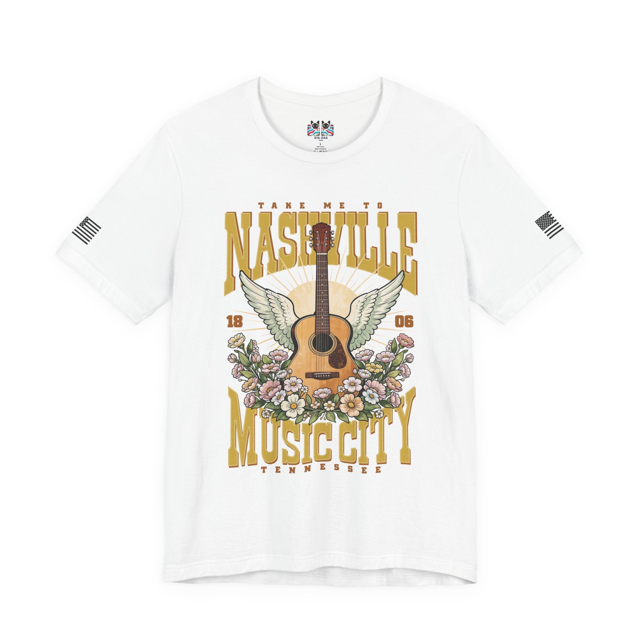 Take Me to Nashville Music City T-Shirt – Winged Acoustic Guitar Floral EST 1806 Tennessee Graphic Tee