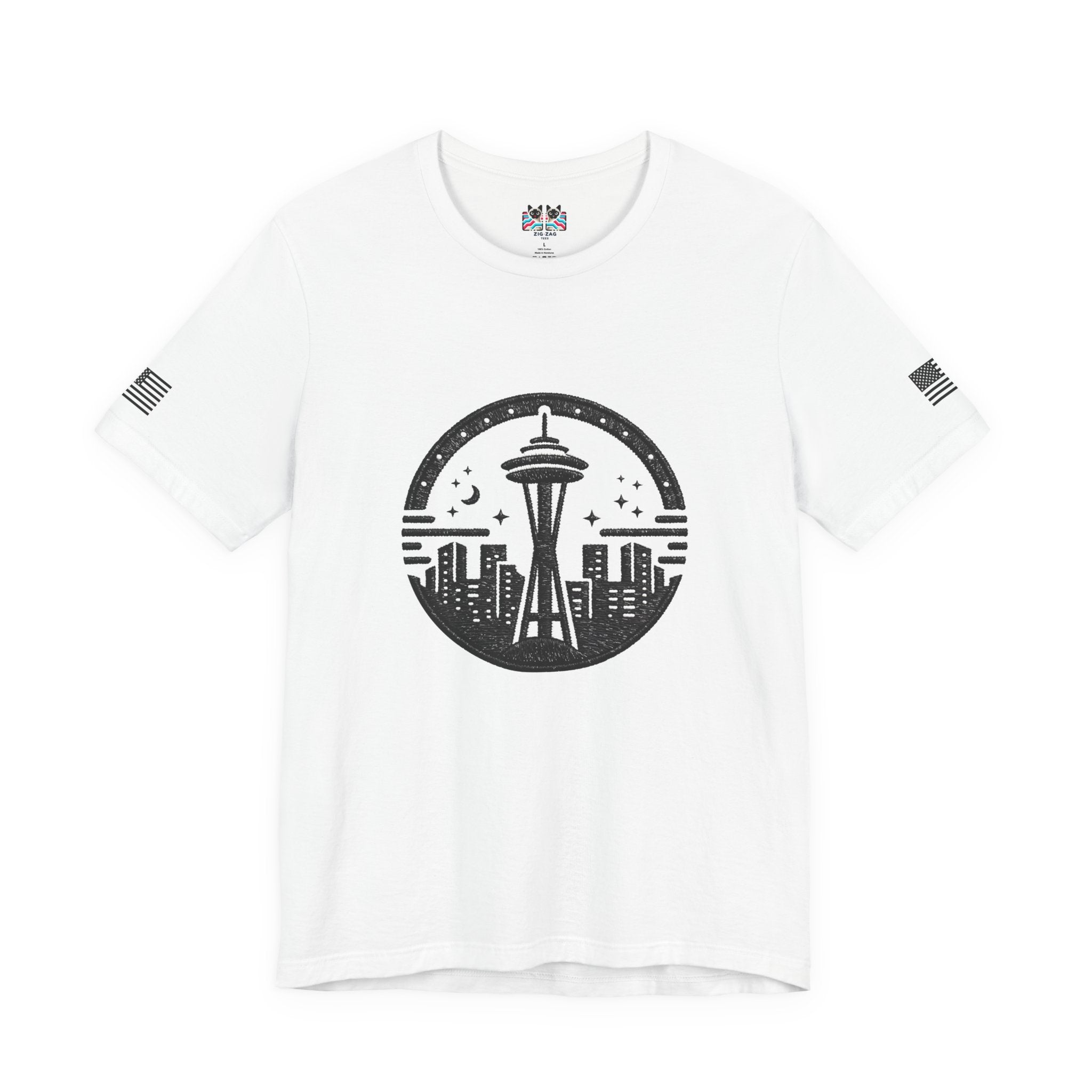 Seattle Space Needle Night Sky Circle Emblem Graphic T-Shirt | Seattle Souvenir Tee | Emerald City Emblem Shirt