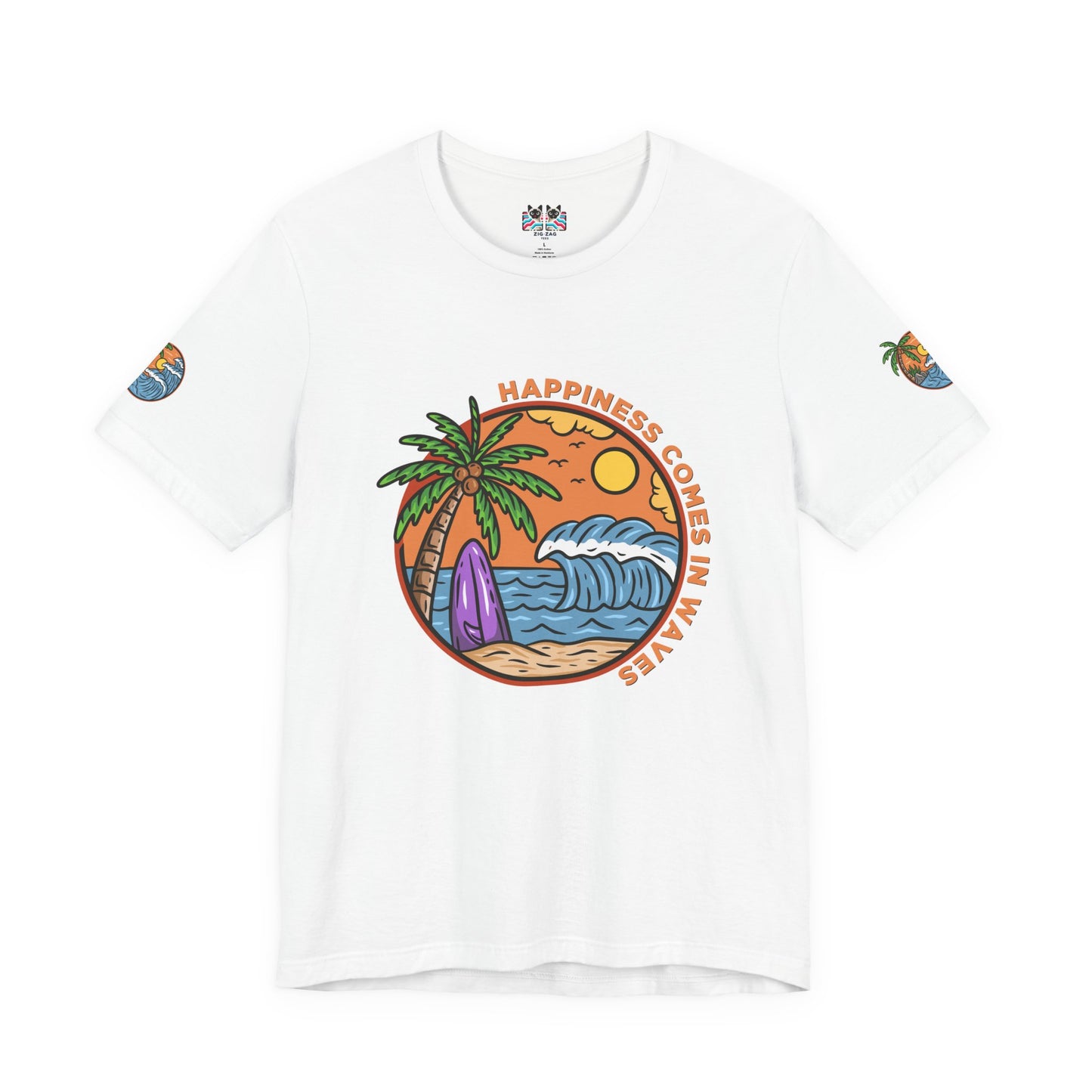 Happiness Comes in Waves T-Shirt – Beach Surf Palm Tree Ocean Graphic Tee