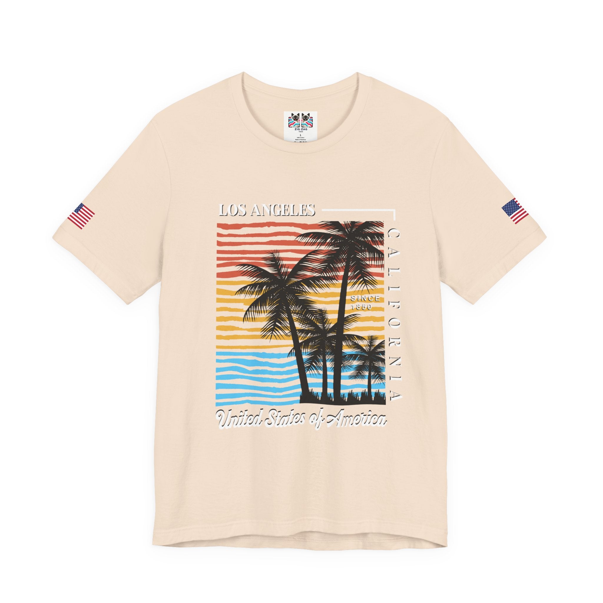 Los Angeles California Since 1850 T-Shirt – Colorful Striped Sunset Palm Tree USA Tee