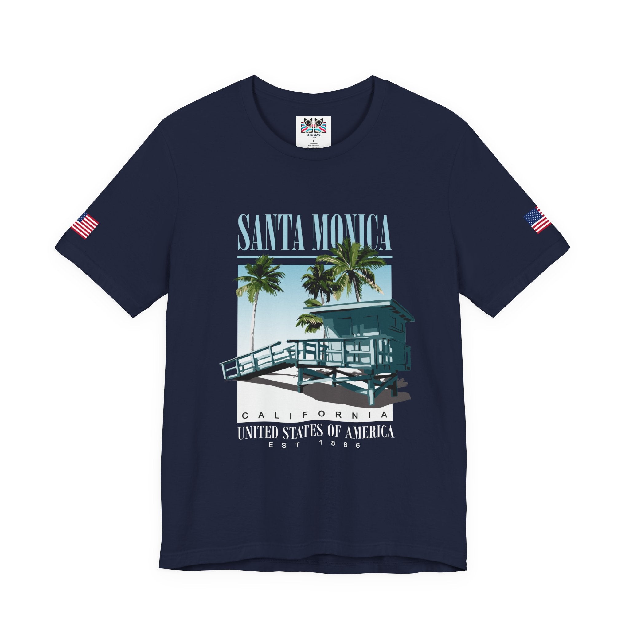Santa Monica California EST 1886 T-Shirt – Lifeguard Tower Palm Tree Beach Tee