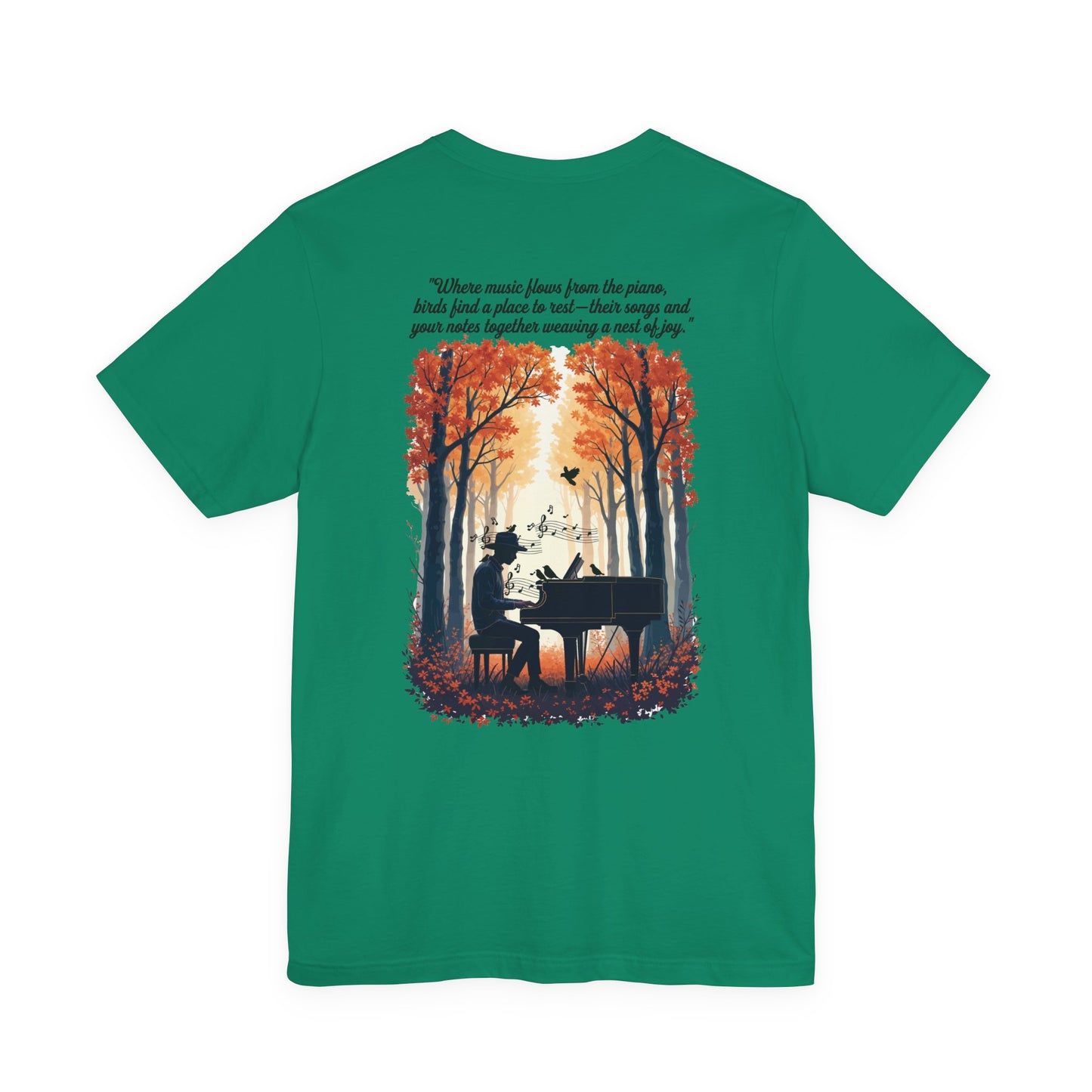 Music & Nature Harmony T-Shirt – Grand Piano in Autumn Forest Scene [Black Text]