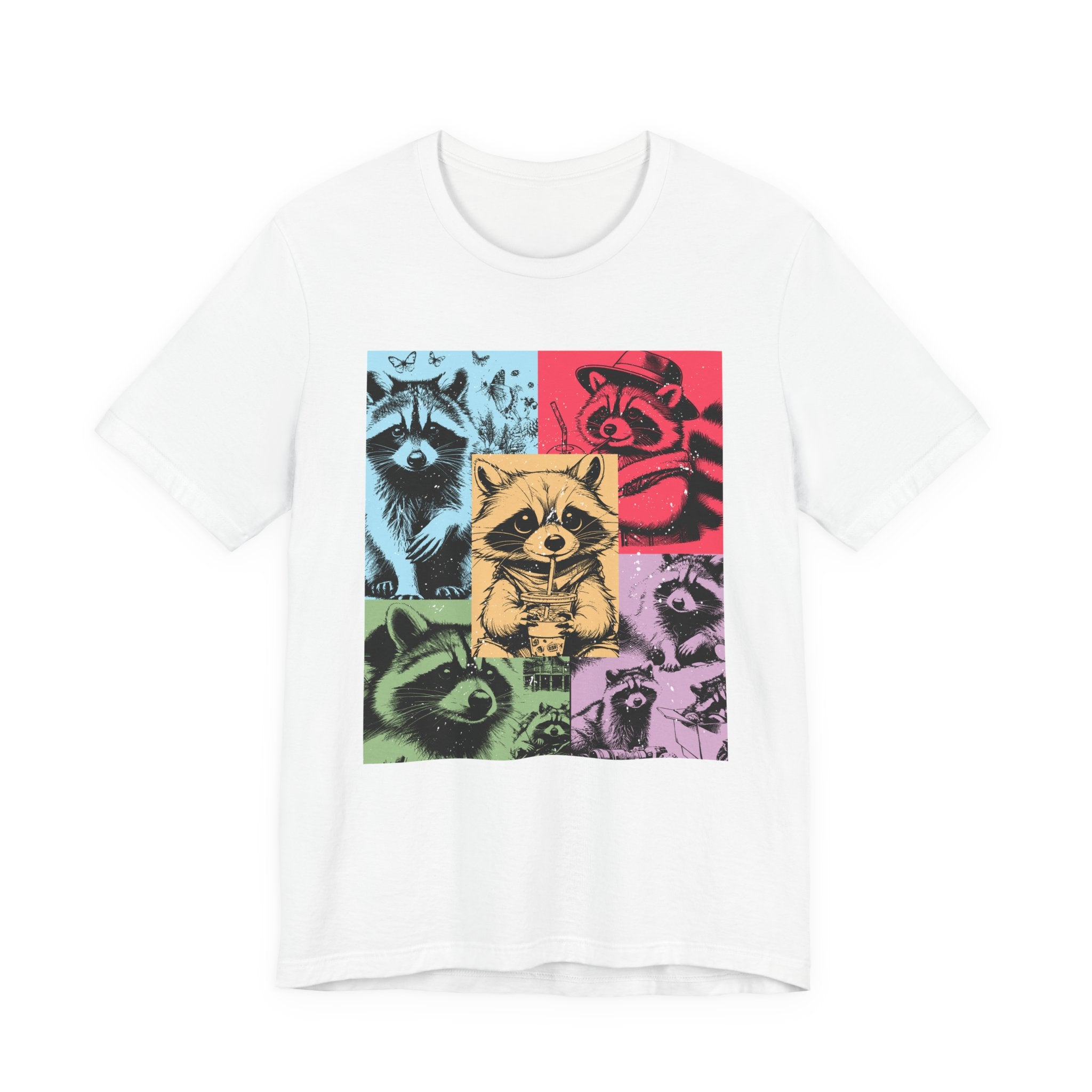 Colorful Raccoons T-Shirt – Playful Multi-Color Raccoons with Sipping Raccoon Graphic