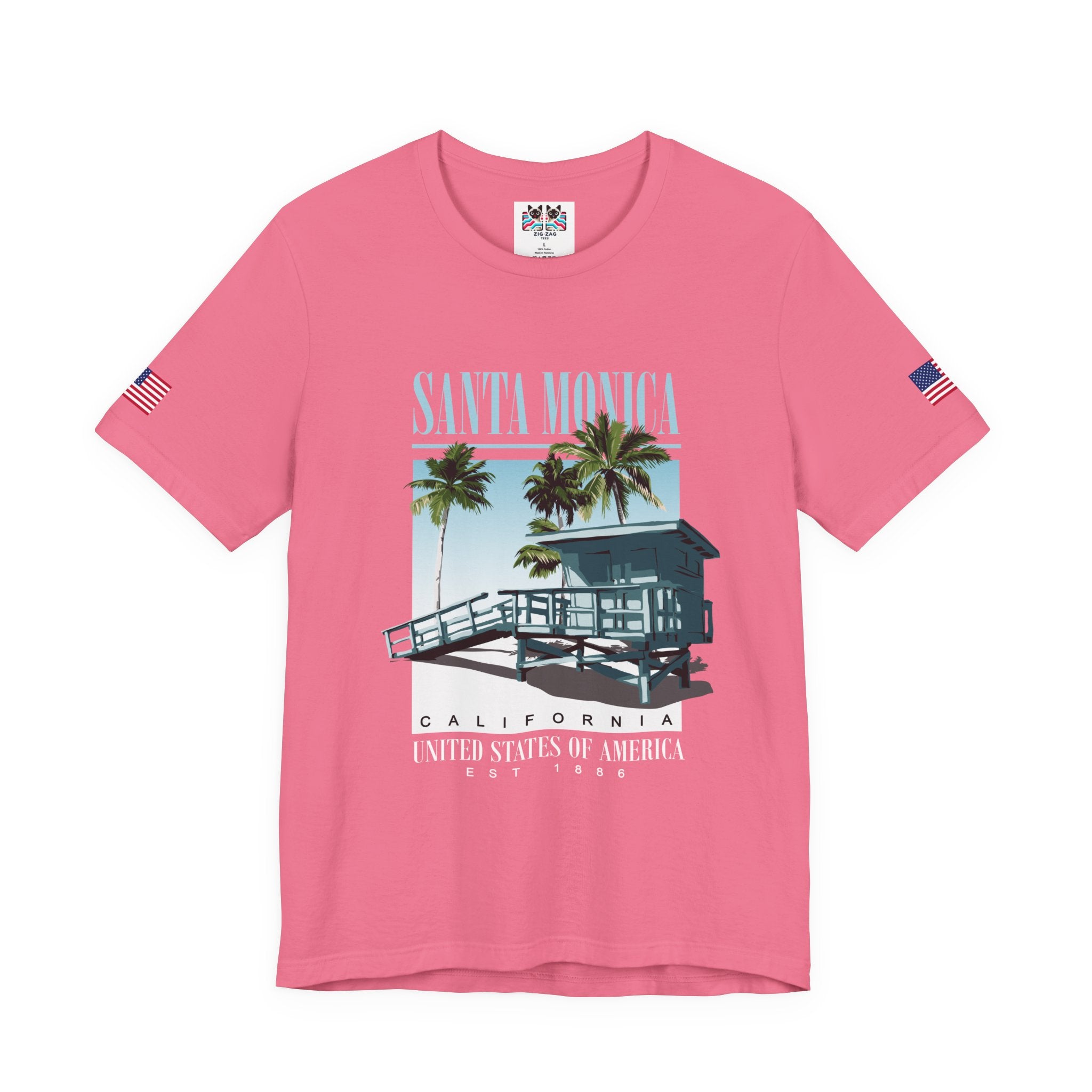Santa Monica California EST 1886 T-Shirt – Lifeguard Tower Palm Tree Beach Tee