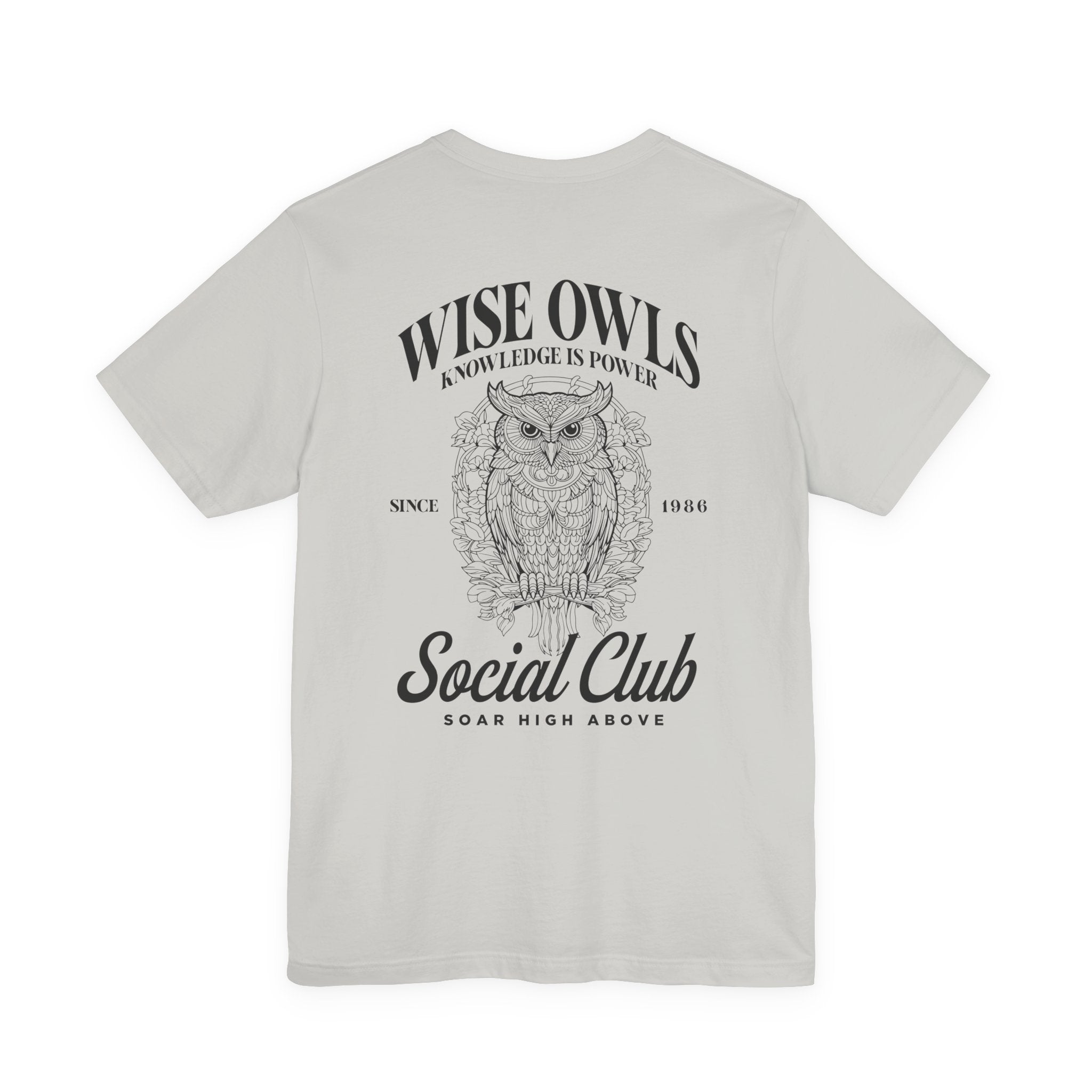 Wise Owl Social Club T-Shirt – Calm Owl on Branch with Empowering Text