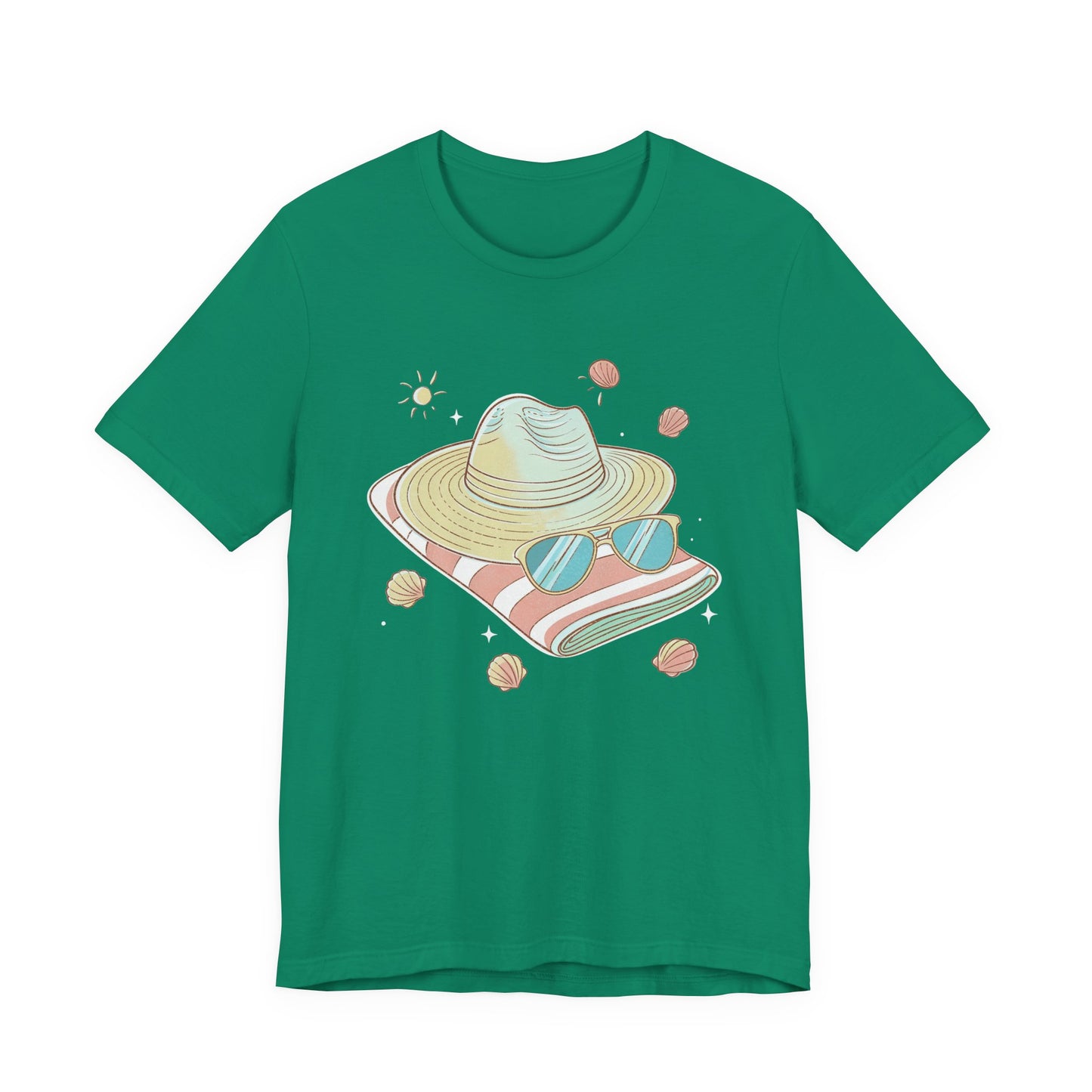 Sun Kissed & Carefree Beach Day Essentials – Towel, Sunglasses & Hat with Sun and Seashells Graphic T-Shirt