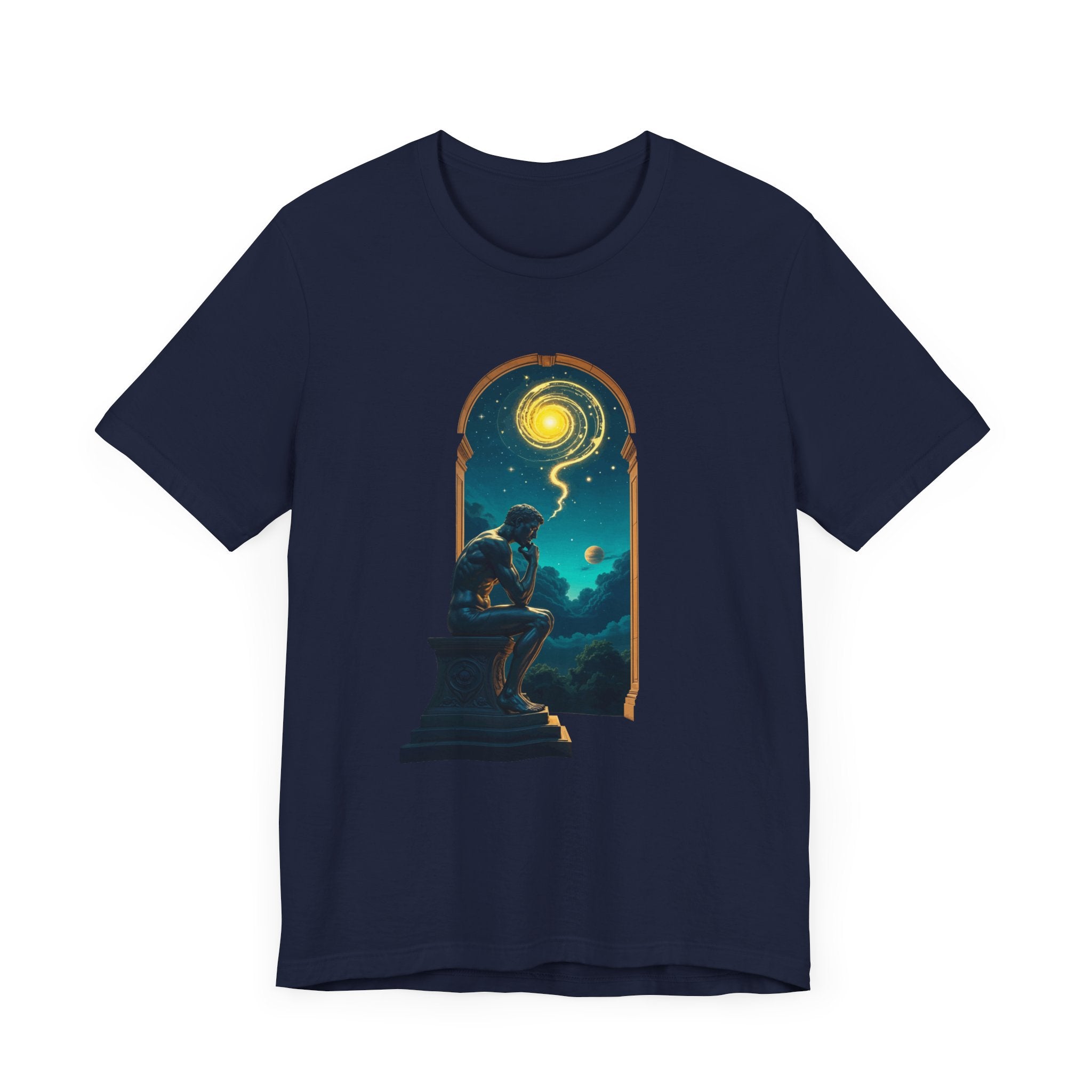 Muscular Statue Deep in Thought on Stage with Scenic Window View Graphic T-Shirt