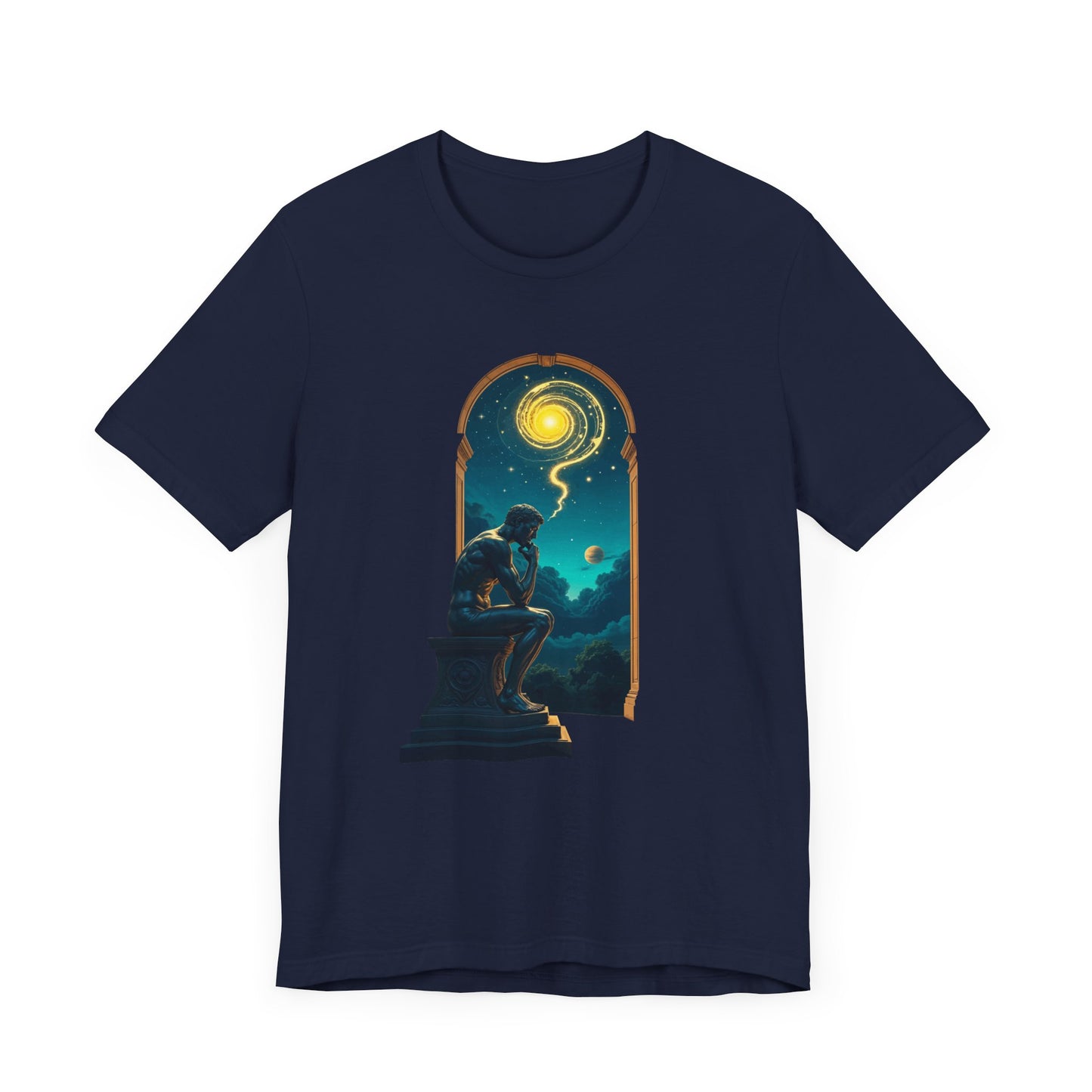 Muscular Statue Deep in Thought on Stage with Scenic Window View Graphic T-Shirt