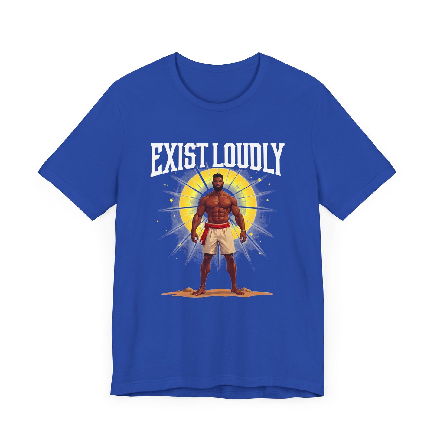 Exist Loudly – Strong Muscular Man with Red Belt & Glowing Light Graphic T-Shirt