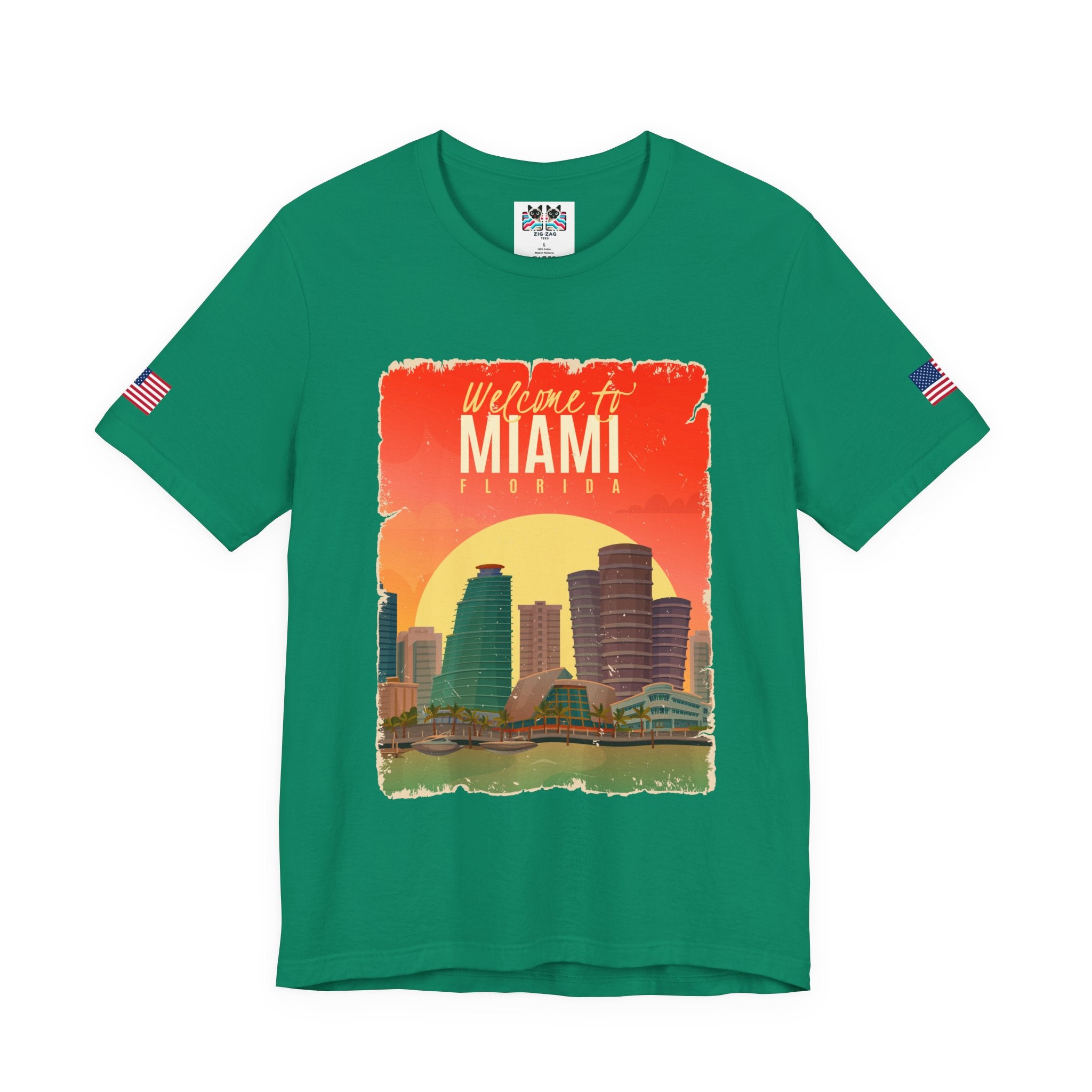 Welcome to Miami Florida T-Shirt – Vintage Retro Skyline Sunset Poster Graphic Tee