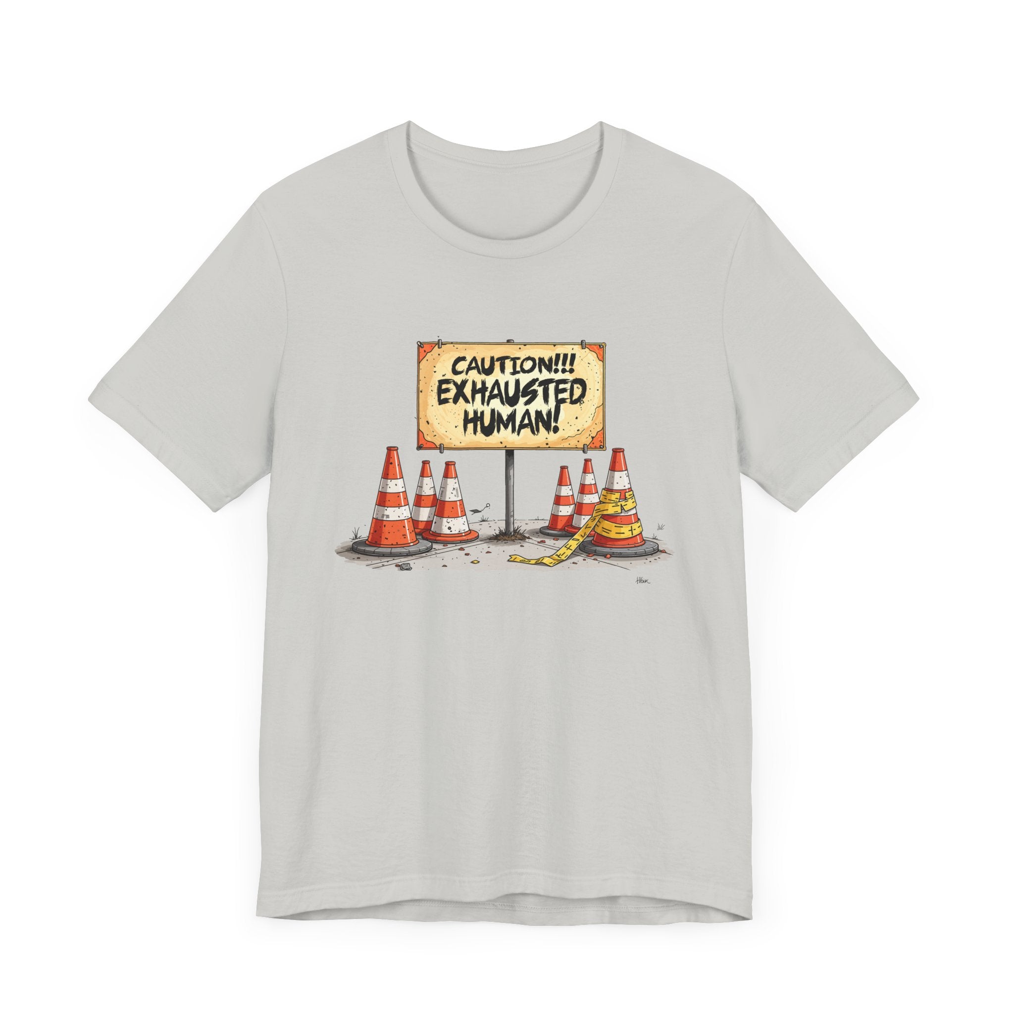 Caution Exhausted Human Tee, Low Energy Warning Shirt, Sleepy Mood Graphic, Funny Real Life Top, Tired Brain Gift