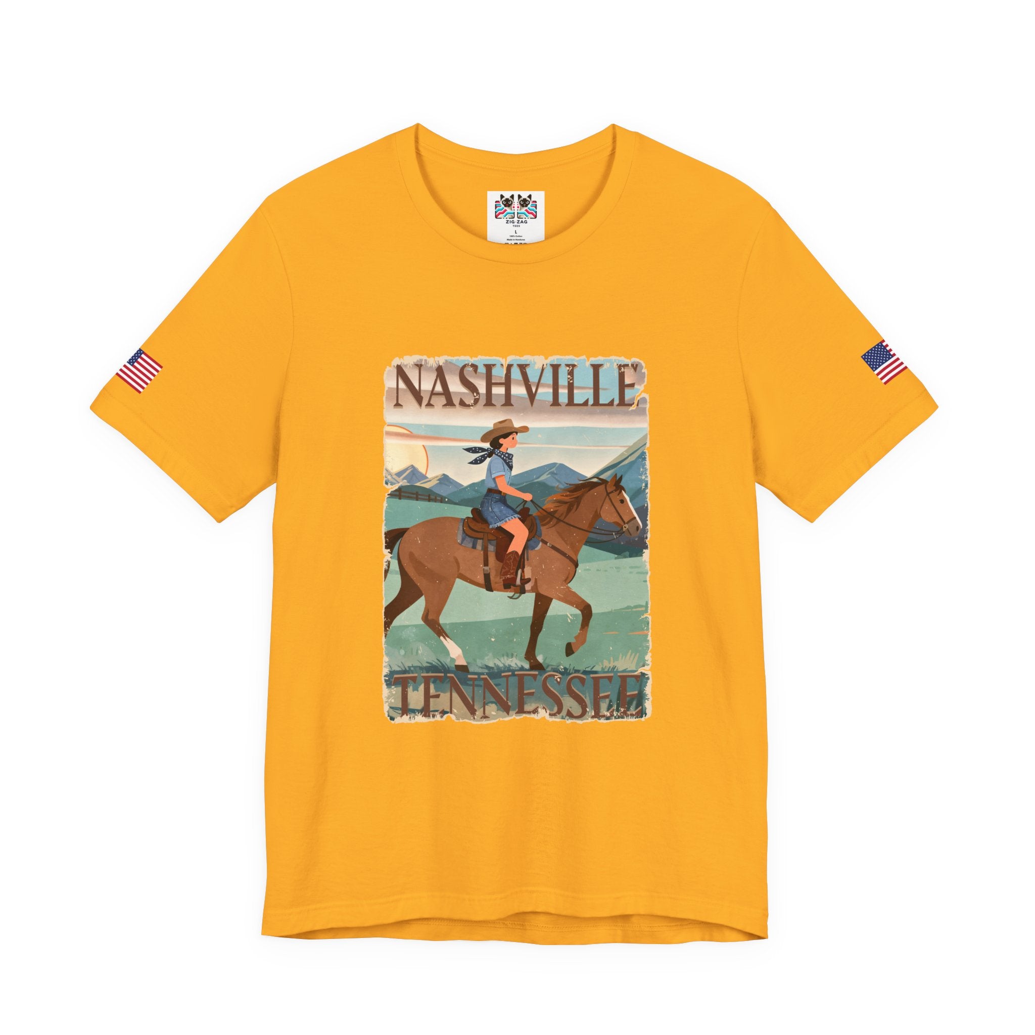Nashville Tennessee T-Shirt – Vintage Cowgirl Horseback Riding Travel Poster Style Graphic Tee