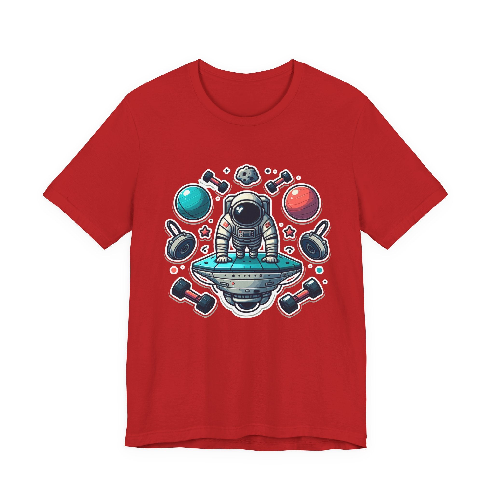Rocket Science is My Cardio - Astronaut Doing Pushups Tshirt – Space Workout with Gadgets, Planets, and Dumbbells