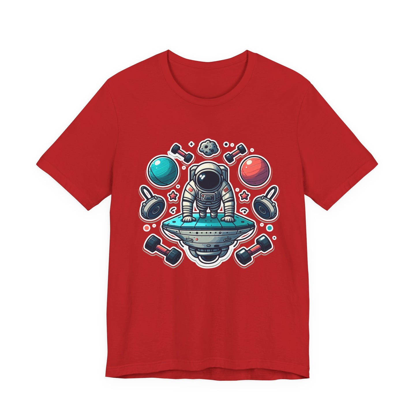 Rocket Science is My Cardio - Astronaut Doing Pushups Tshirt – Space Workout with Gadgets, Planets, and Dumbbells