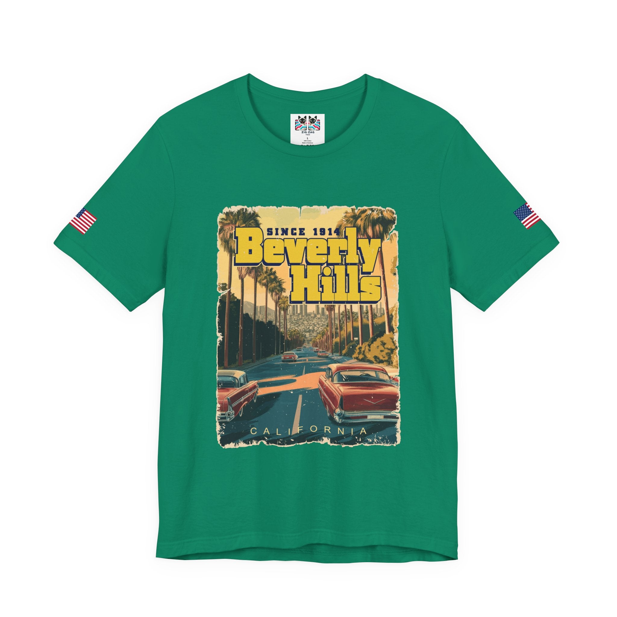 Beverly Hills Since 1914 California T-Shirt – Classic Cars Palm Boulevard Retro Graphic Tee