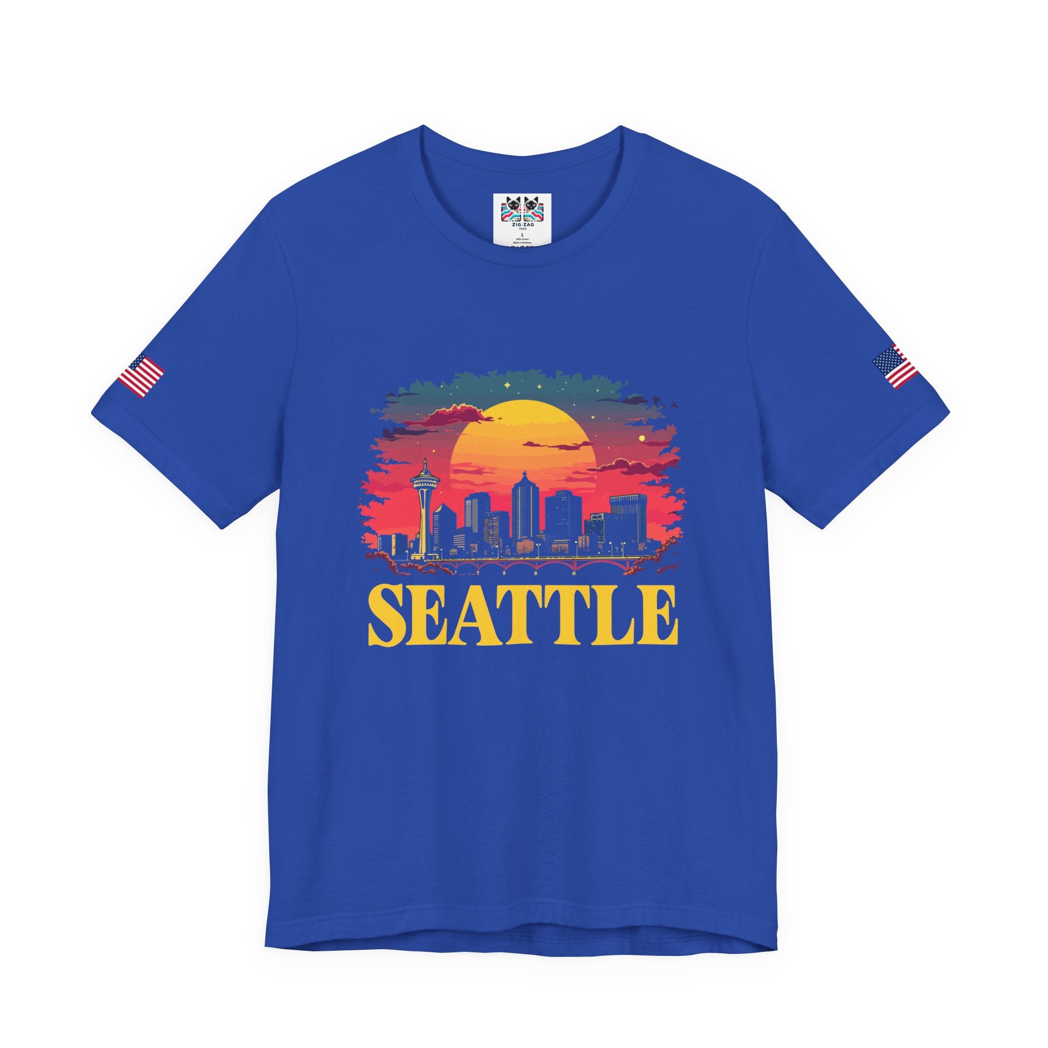 Seattle Retro Sunset Skyline Graphic T-Shirt | Emerald City Space Needle Night Sky Tee | Seattle Souvenir Shirt