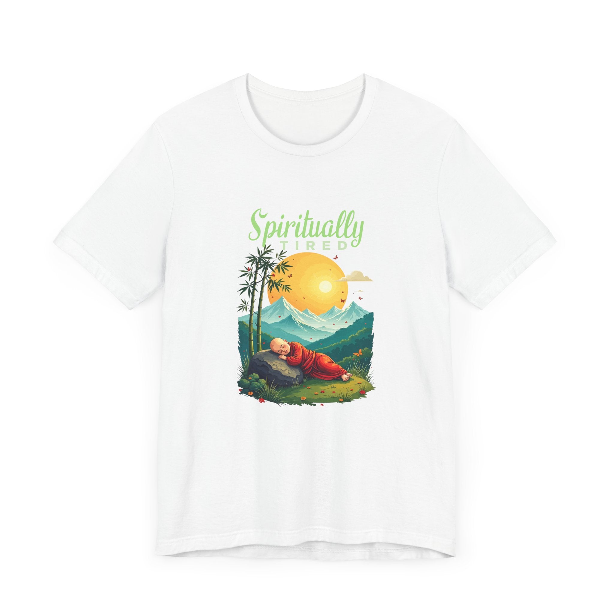 Spiritually Tired – Sleeping Monk Boy in Sunrise Nature Graphic T-Shirt