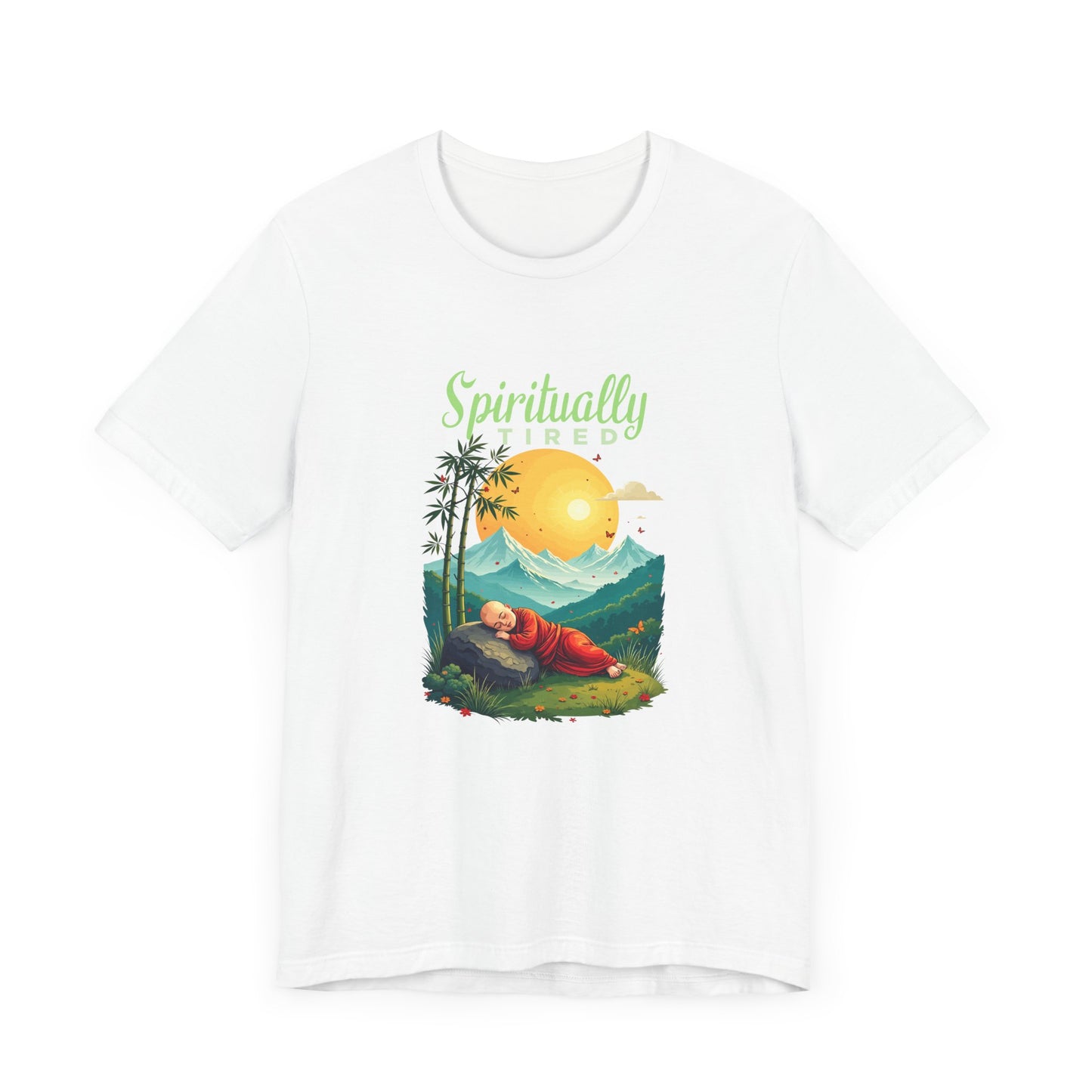 Spiritually Tired – Sleeping Monk Boy in Sunrise Nature Graphic T-Shirt