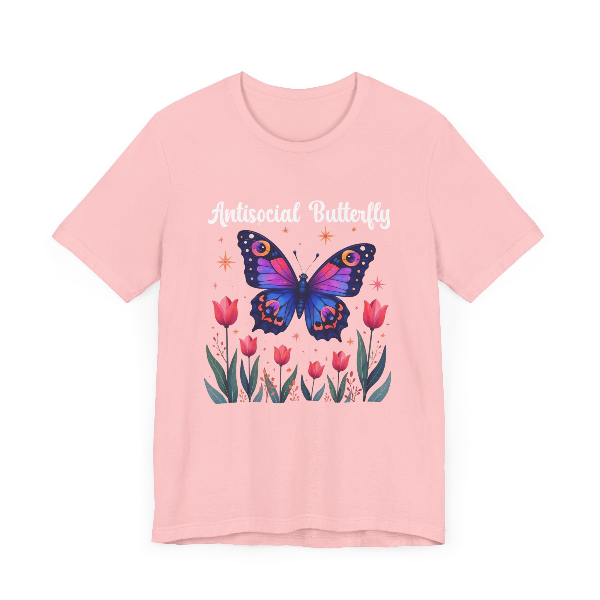 Antisocial Butterfly – Large Butterfly Above Flower Plants Graphic T-Shirt